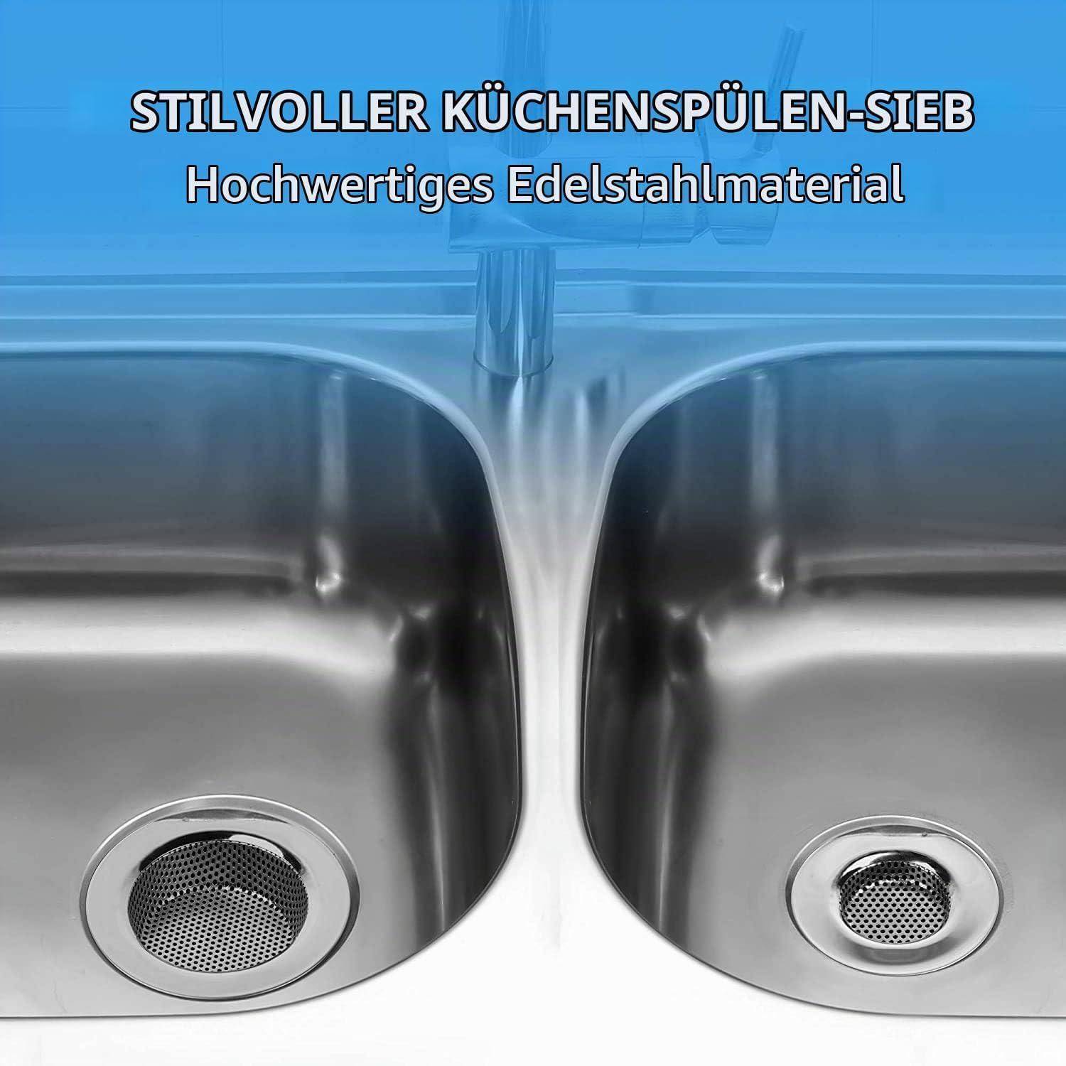 Doppelküchenspüle mit Edelstahlsieben; Text lautet „STILVOLLER KÜCHENSPÜLEN-SIEB