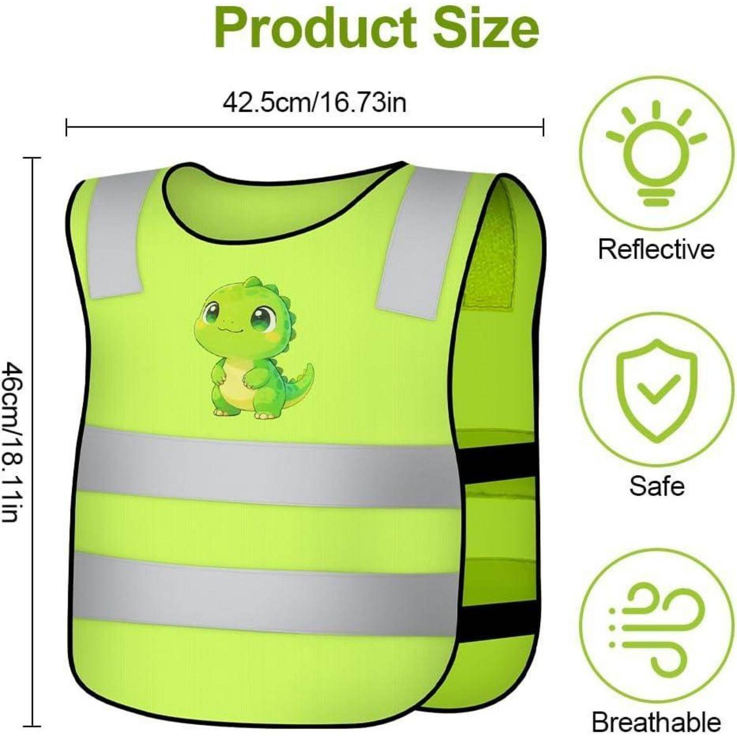 Produktgrößen-Diagramm einer neonogelben reflektierenden Sicherheitsweste für Kinder mit einer Breite von 42,5 cm und einer Höhe von 46 cm mit den Symbolen „Reflektierend