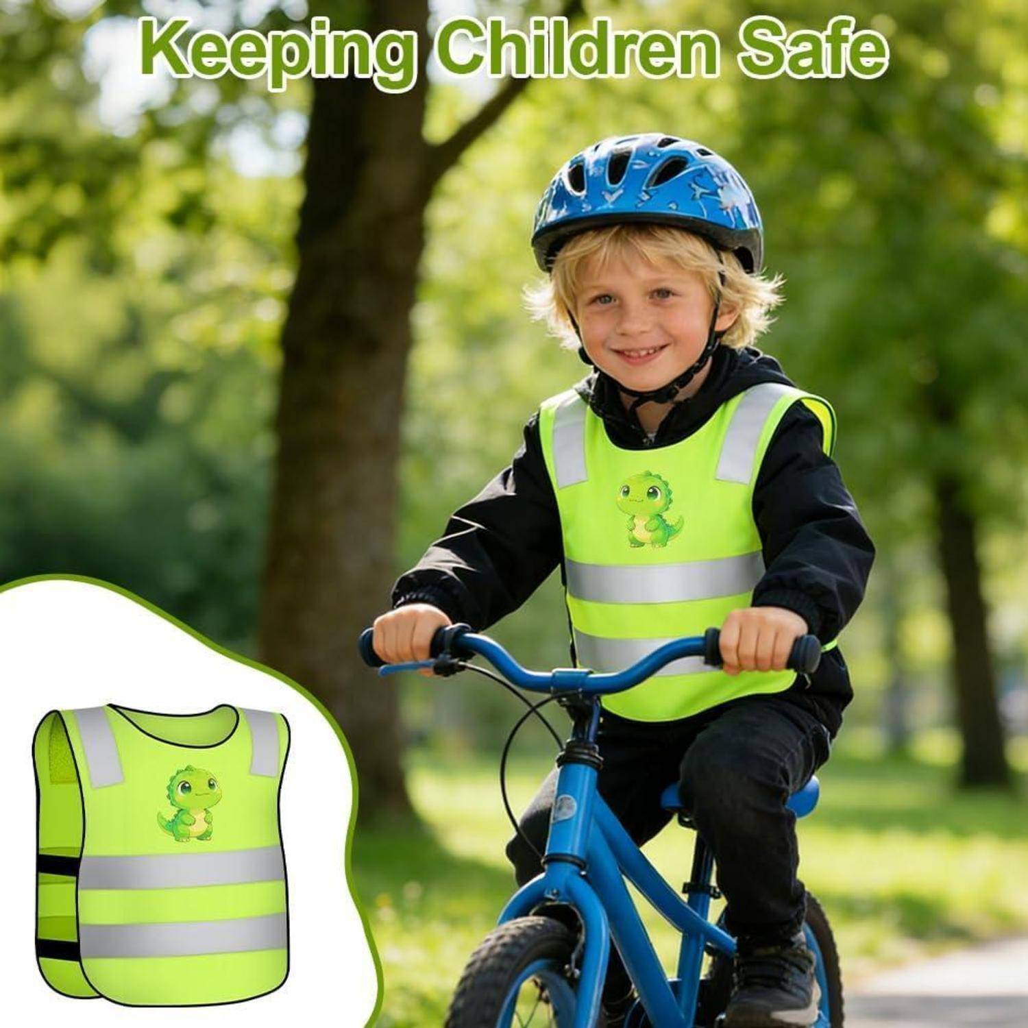 Kleines Kind mit blauem Helm und leuchtendem reflektierendem Sicherheitsweste fährt ein Fahrrad im Park, mit einem Bild der Weste als Einfügung und dem Text „Kinder sicher halten