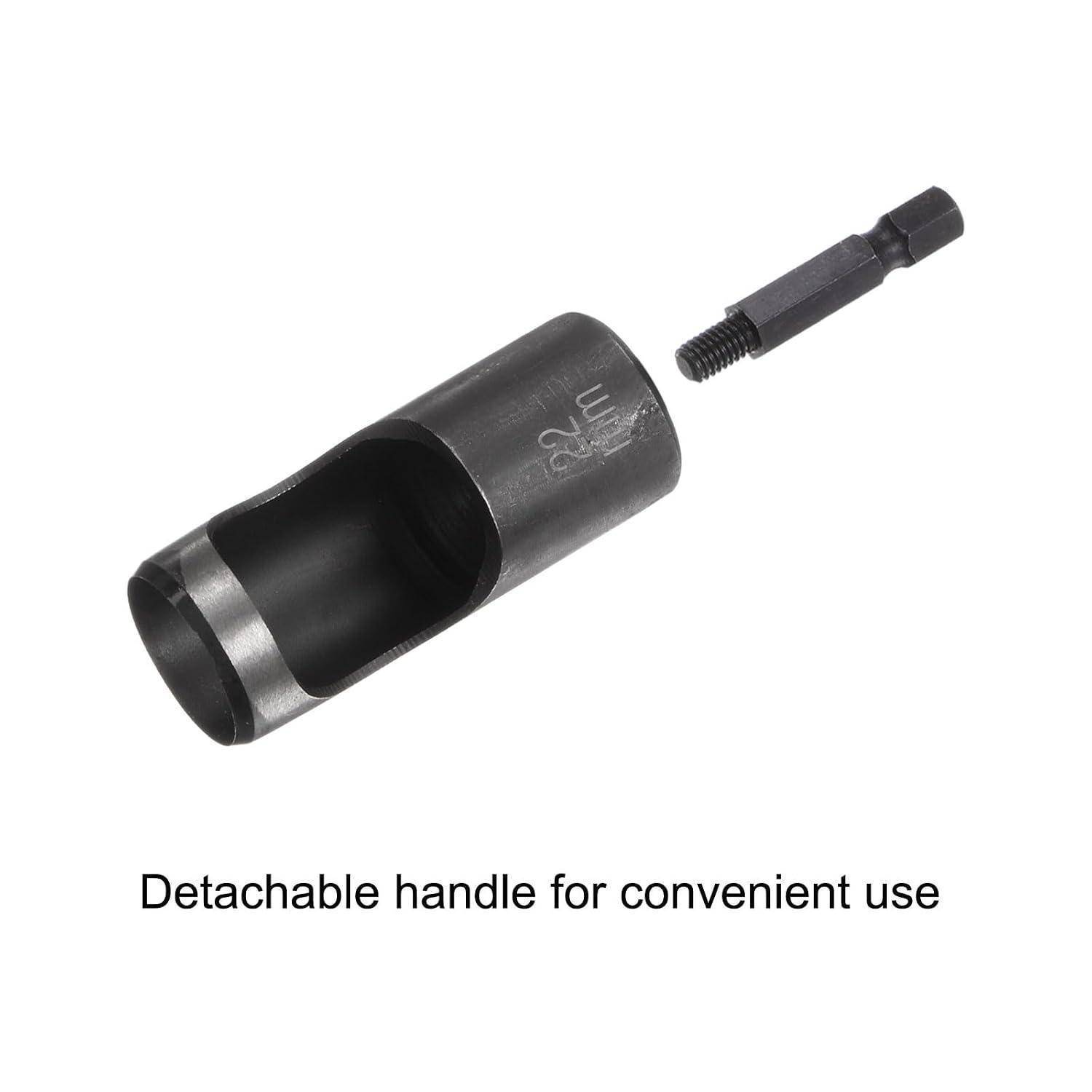 Schwarzer Steckschlüssel-Adapter mit abnehmbarem Griff, darunter mit Text „Abnehmbarer Griff für bequeme Verwendung" dargestellt.