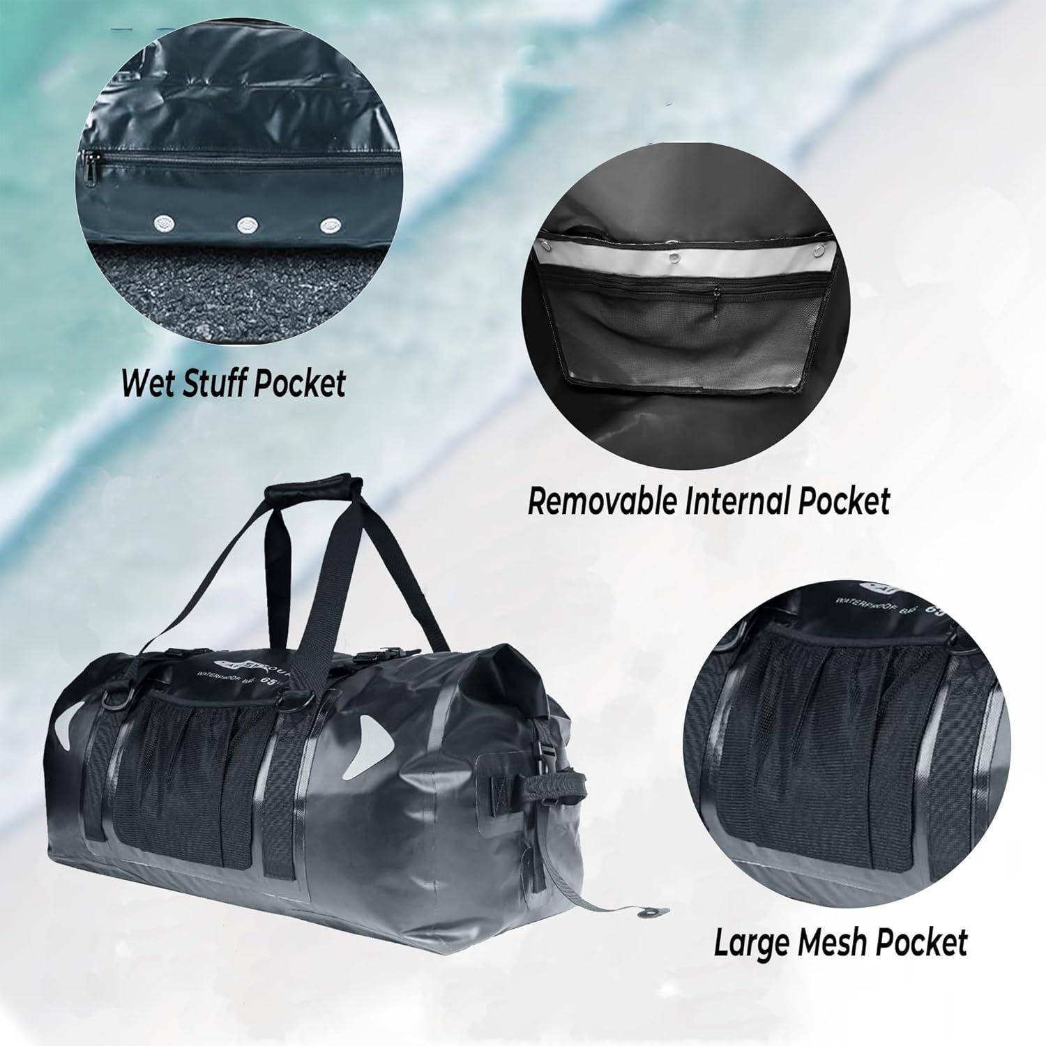 Schwarze Reisetasche mit gekennzeichneten Funktionen: Nassfachpocket, abnehmbares internes Fach und großes Netzfach.