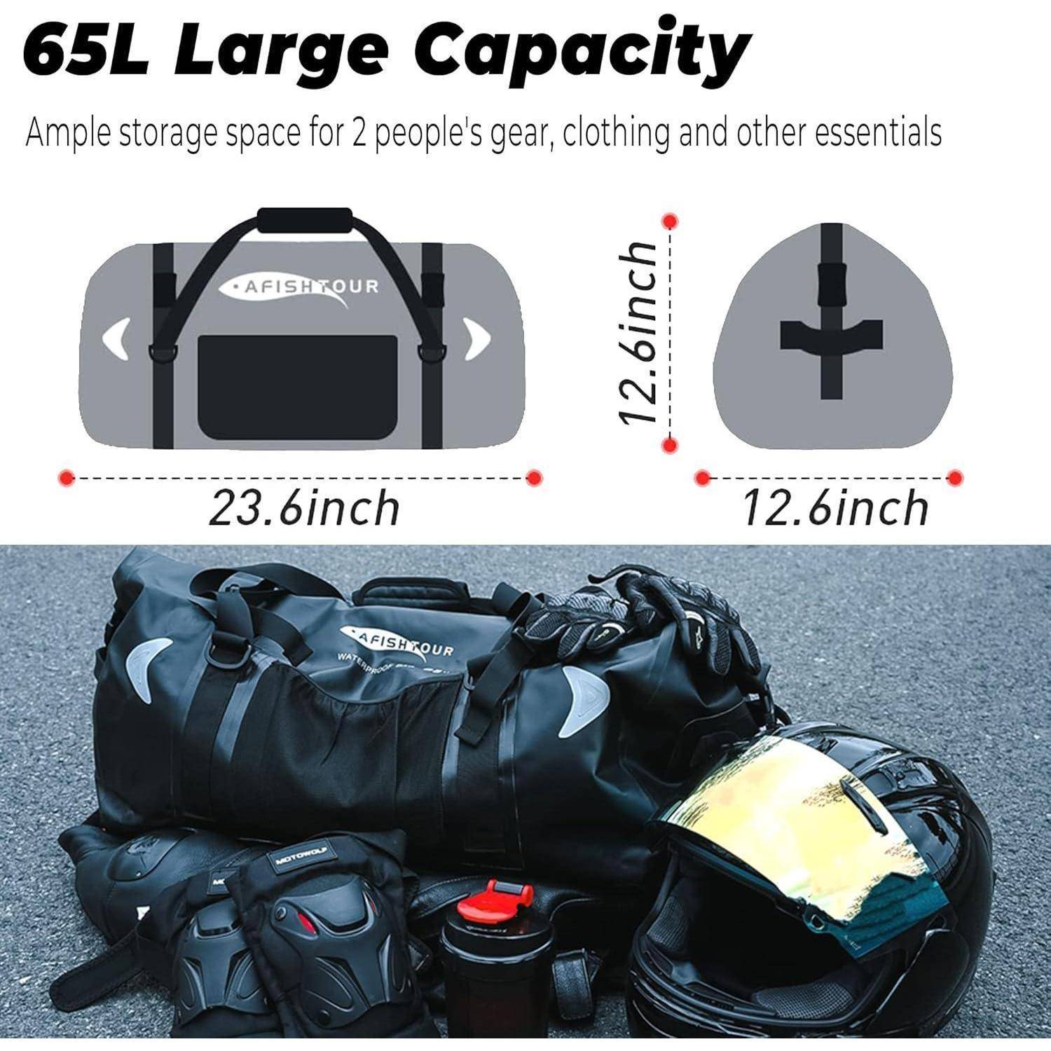 Infografik mit einer 65-Liter-Reisetasche mit den Abmessungen 23,6 Zoll lang, 12,6 Zoll hoch und 12,6 Zoll breit, plus ein Foto der gepackten Tasche mit Ausrüstung im Inneren.