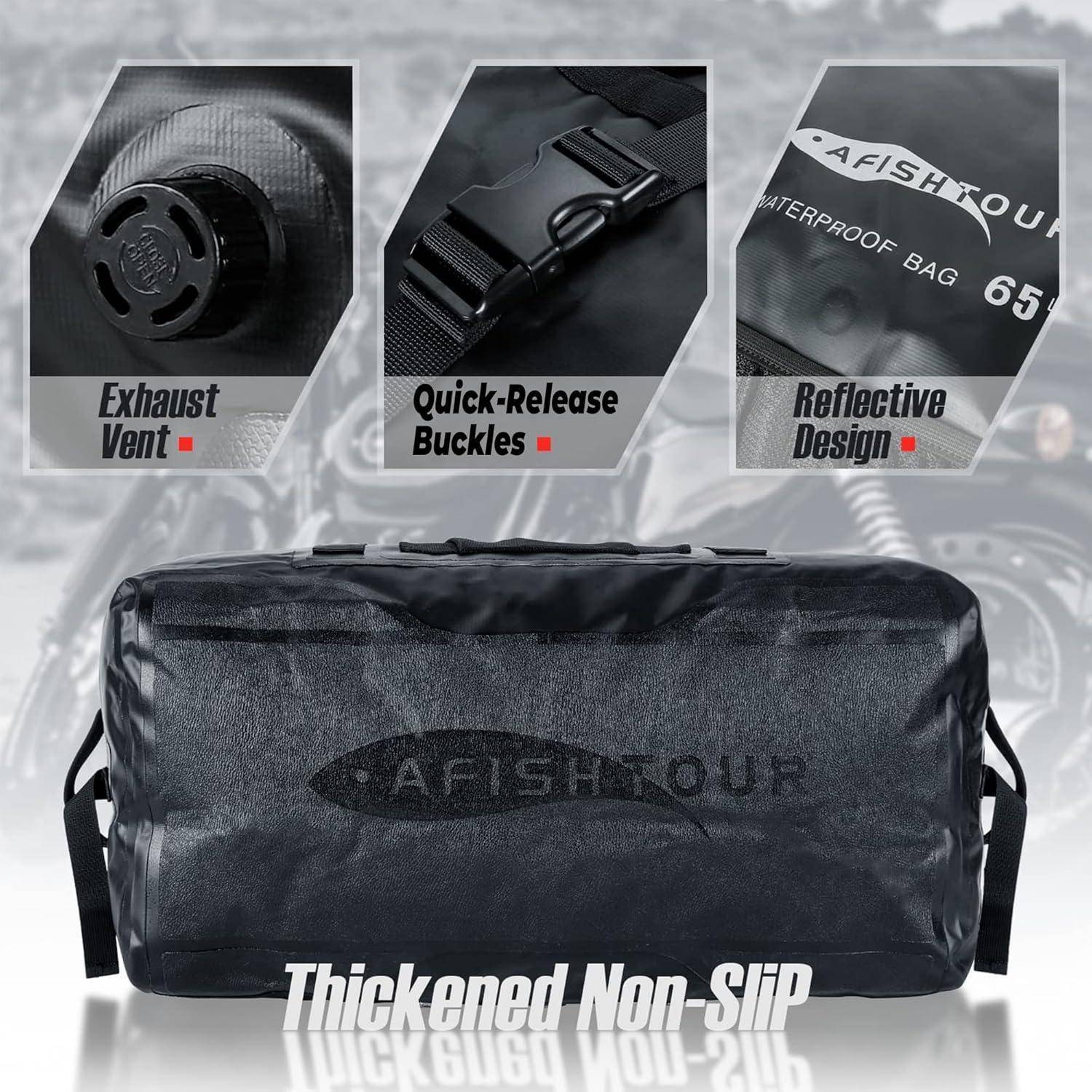 Schwarze AFISHOUR wasserdichte Tasche mit verdickter rutschfester Basis, gezeigt mit Abluftventil, Schnellverschlusschnallen und reflektierenden Designelementen