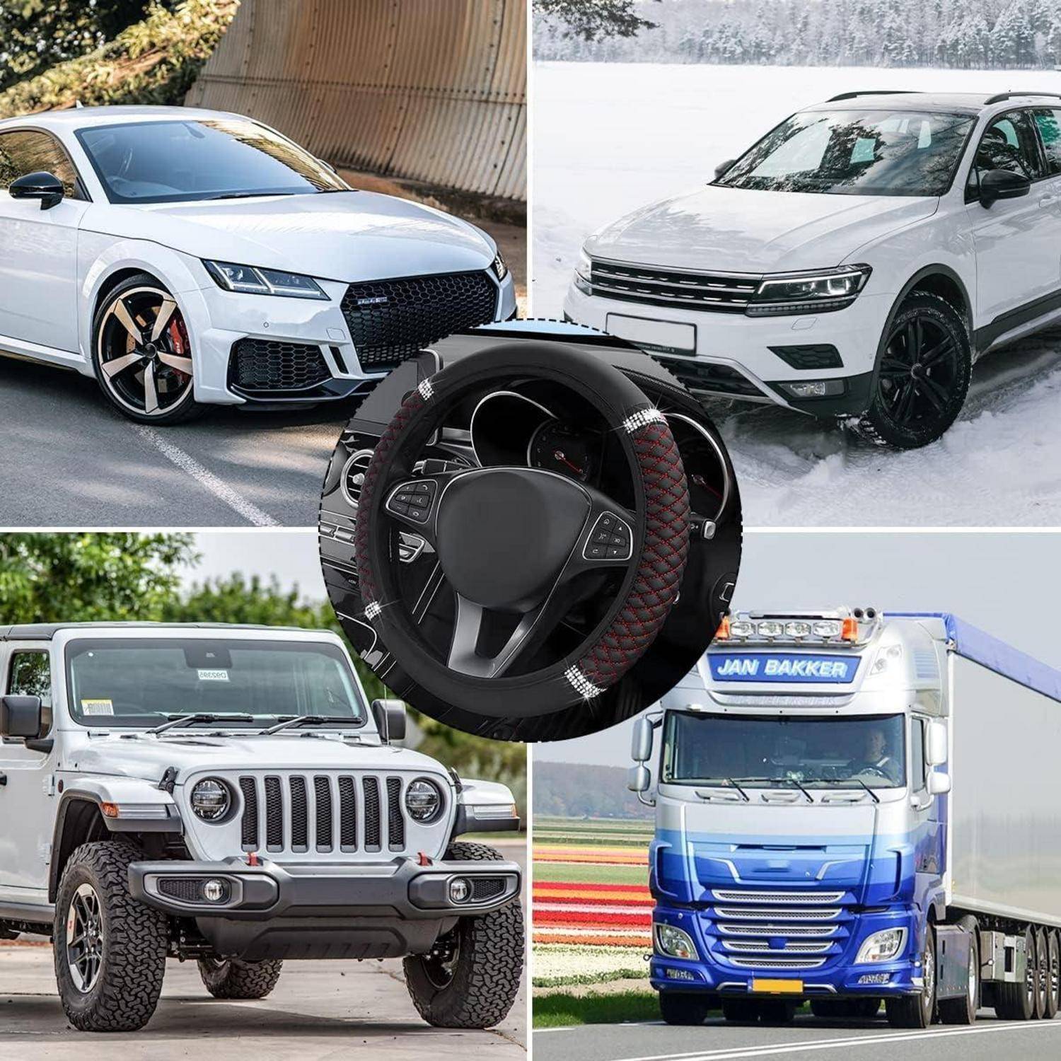 Collage mit einer Lenkradabdeckung in der Mitte über vier Fahrzeugen: ein weißes Sportcoupé, ein weißes SUV, ein silberner Jeep und ein blauer Lastkraftwagen.