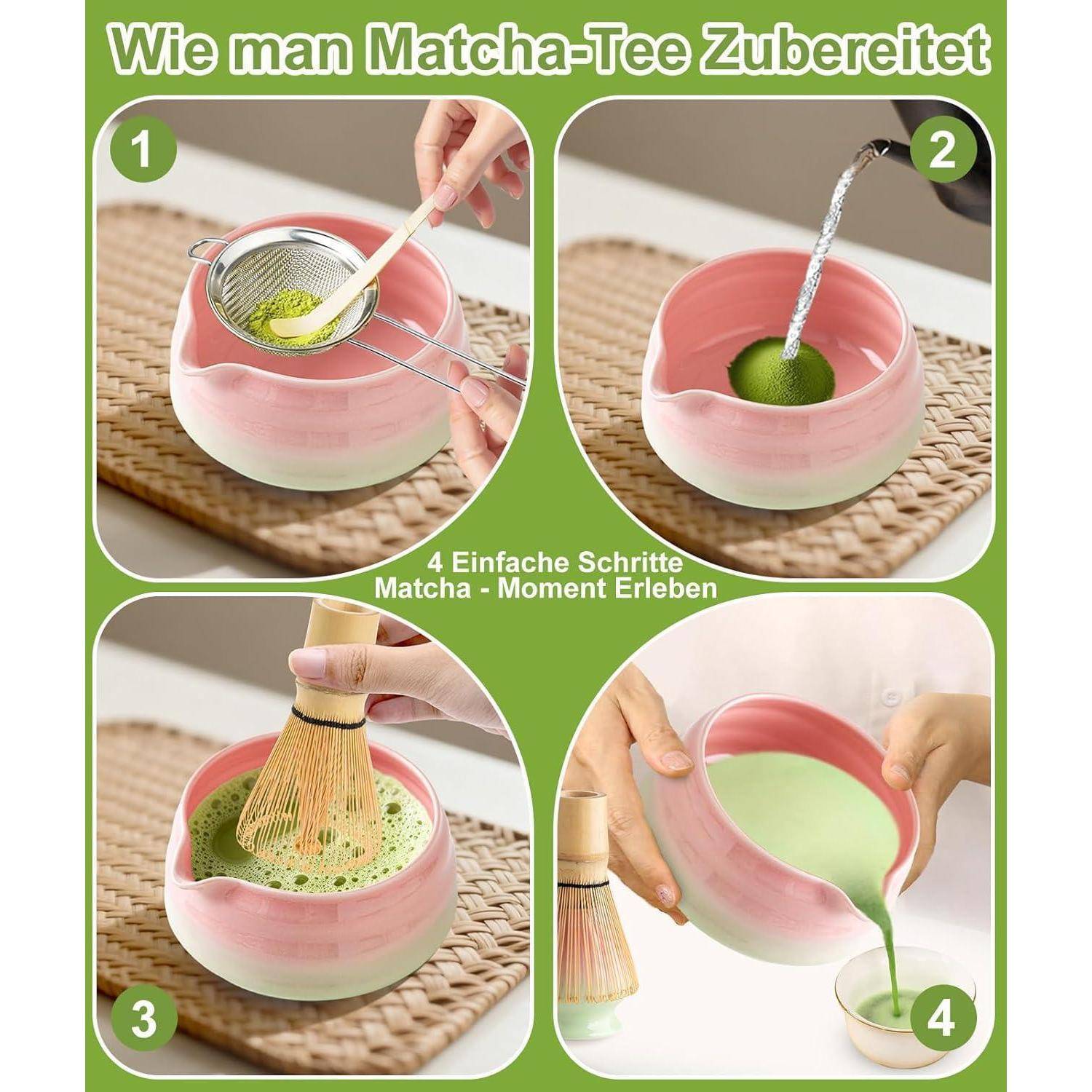 JBER Matcha Set, Handgefertigter Matcha Besen Set 7-Teiliges für Anfänger | Bambus Matcha Besen mit 100 Zinken, Keramik Matcha Schale und Besenhalte