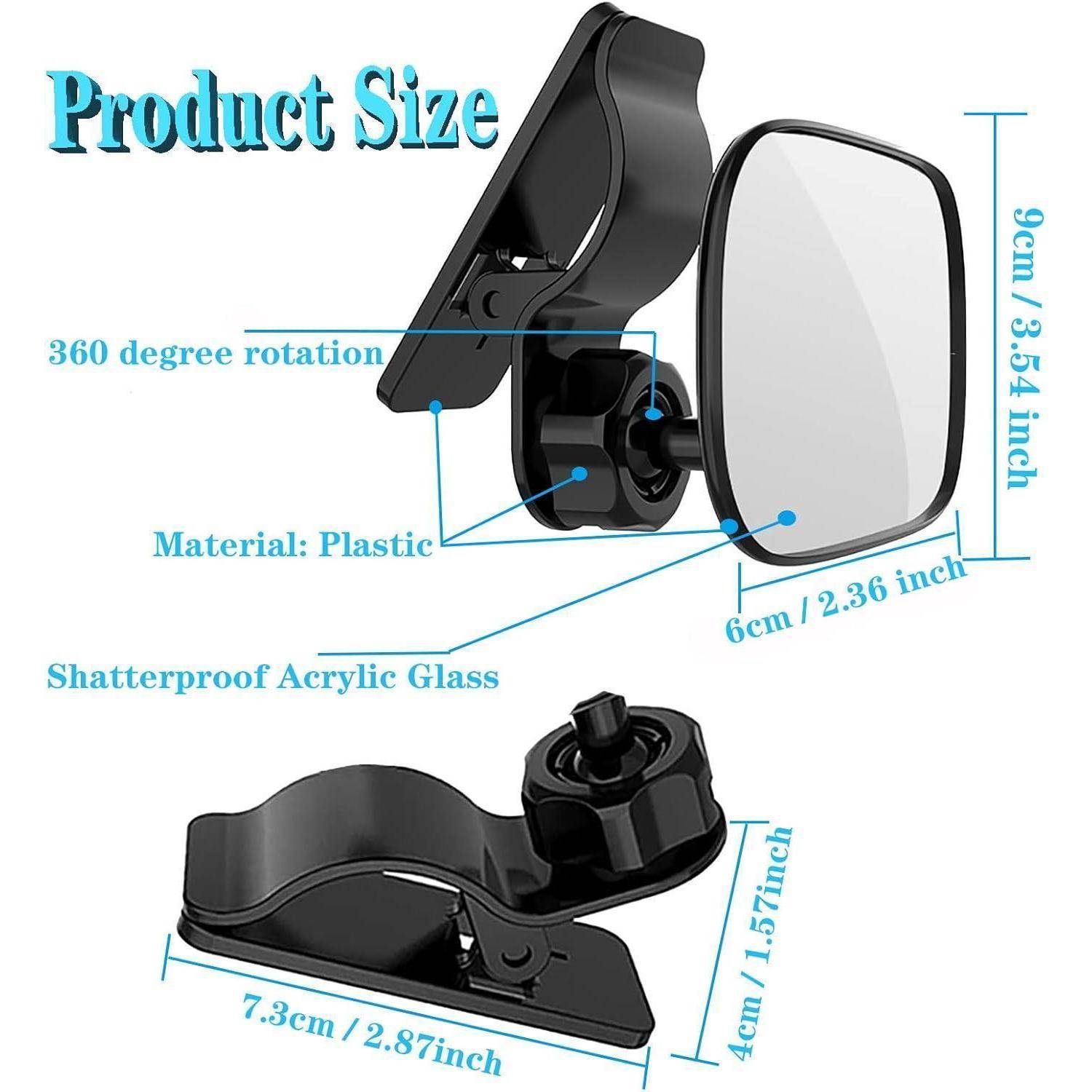 Produktgrößendiagramm eines schwarzen Klappspiegels mit 360-Grad-Drehung, das folgende Abmessungen zeigt: 9 cm x 6 cm Spiegel, 7,3 cm Basis, 4 cm Höhe, aus Kunststoff und bruchsicherem Acrylglas.