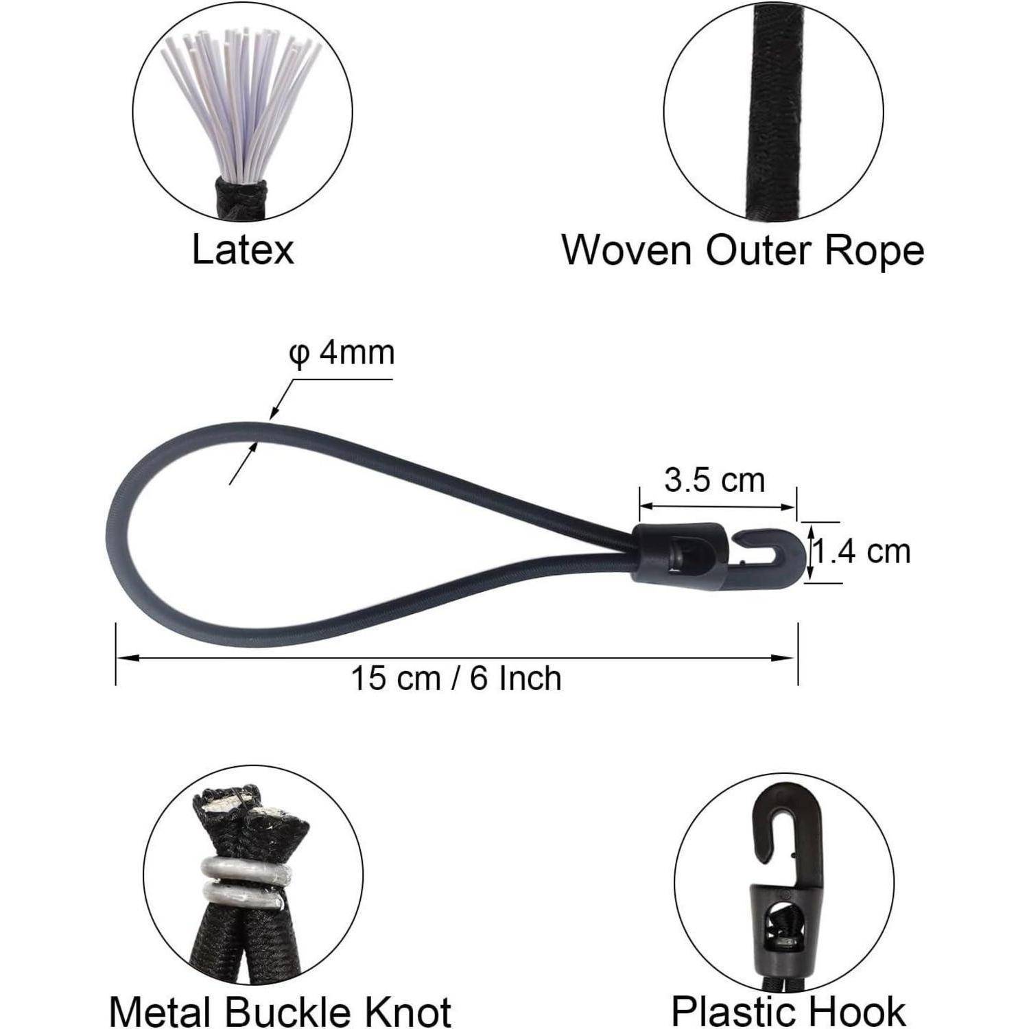 Diagramm einer schwarzen Seilschleife mit Haken, zeigt 4-mm-Latexkern, gewebtes Außenseil, Metallschnallenknoten, Kunststoffhaken und Abmessungen: 15 cm lang, 3,5 cm und 1,4 cm Hakengröße.