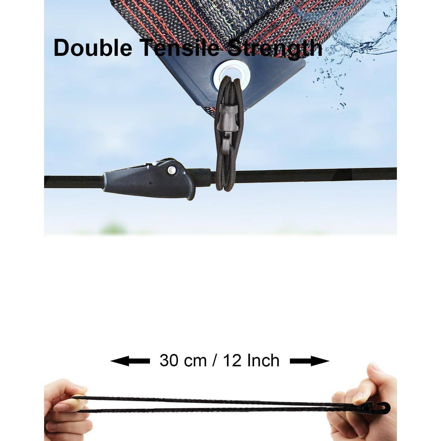 Nahaufnahme eines Doppelzugfestigkeit-Riemenverbinders, der an einer Plane befestigt ist, mit einer 30 cm (12 Zoll) langen Strecke, die zwischen den Händen gezeigt wird.