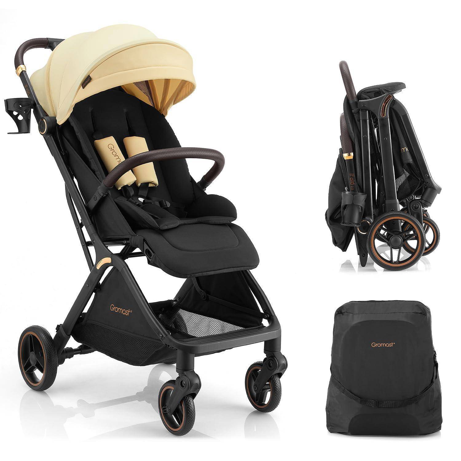 Kompakter schwarz-beiger Kinderwagen, gezeigt offen, zusammengeklappt und in einer Tragetasche, mit Verdeck, Sicherheitsbügel und vier Rädern.