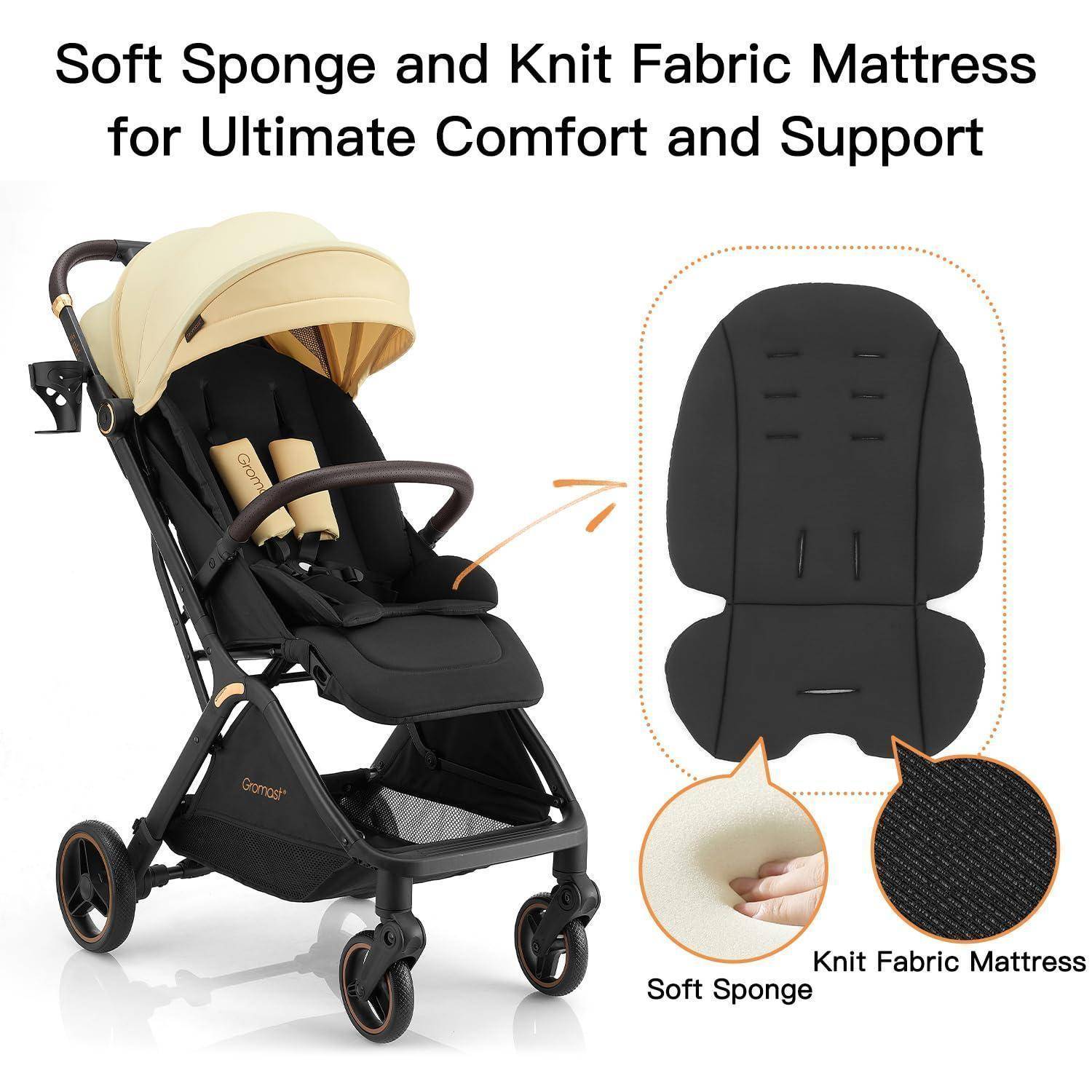 Kinderwagen mit schwarzem, weichem Schwamm und Strickstoff-Sitzkissen, hervorgehoben durch eingefügte Nahaufnahmen des Schaums und des Stoffes für Komfort und Unterstützung.