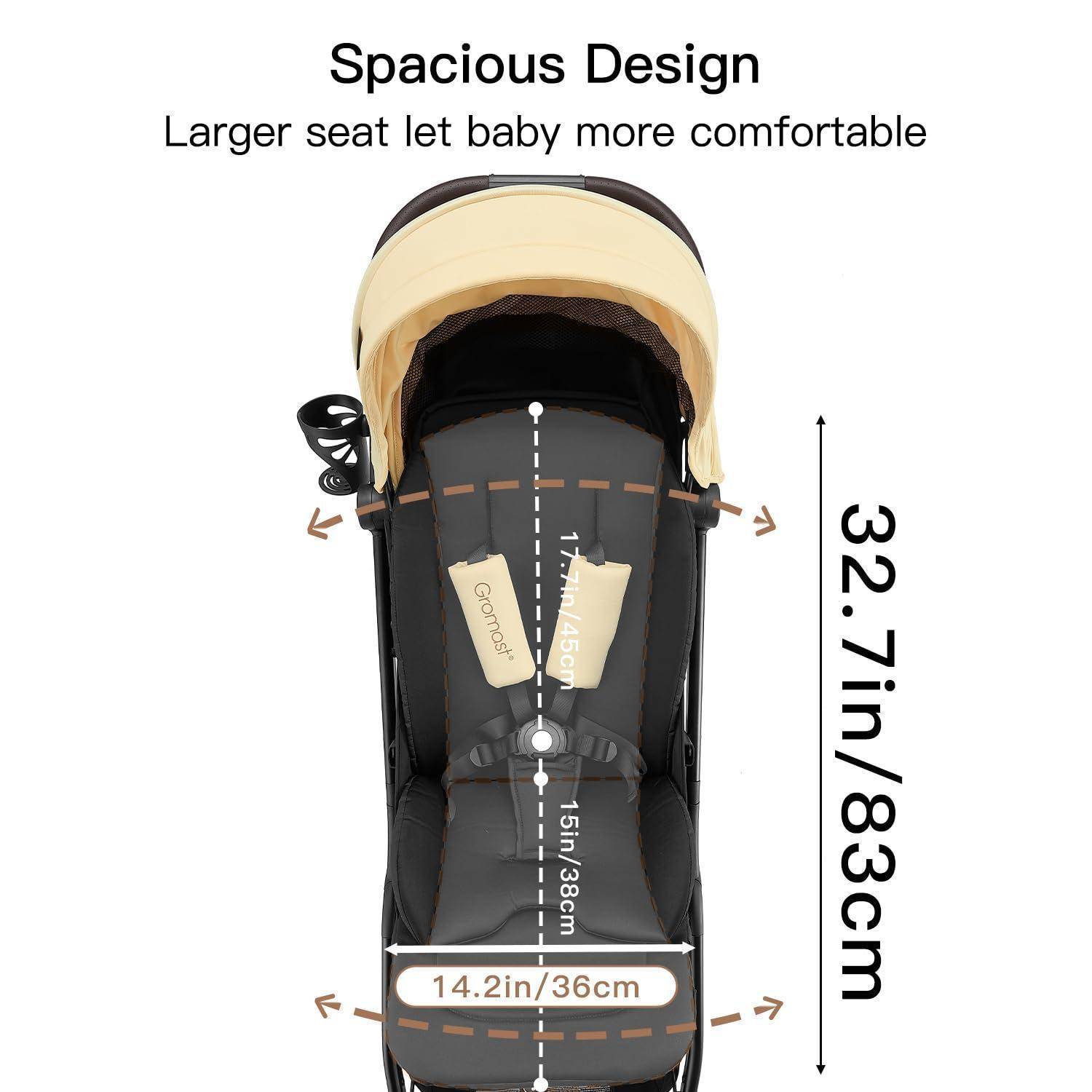 Diagramm eines Kinderwagensitzes mit der Bezeichnung „Großzügiges Design", das eine vergrößerte Sitzbereicherung mit Abmessungen zeigt: 32,7 Zoll/83 cm hoch, 14,2 Zoll/36 cm breit und 15 Zoll/38 cm tief.