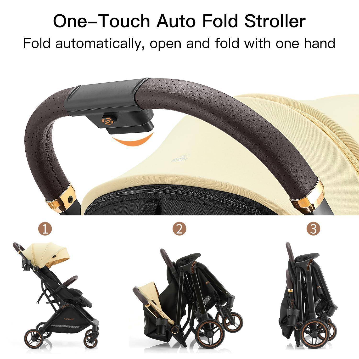 Ein-Handgriff-Kinderwagen mit automatischem Zusammenklappen, dargestellt in drei Stufen, mit hervorgehobener Griffstange und Ein-Hand-Klapp-/Öffnungsfunktion.