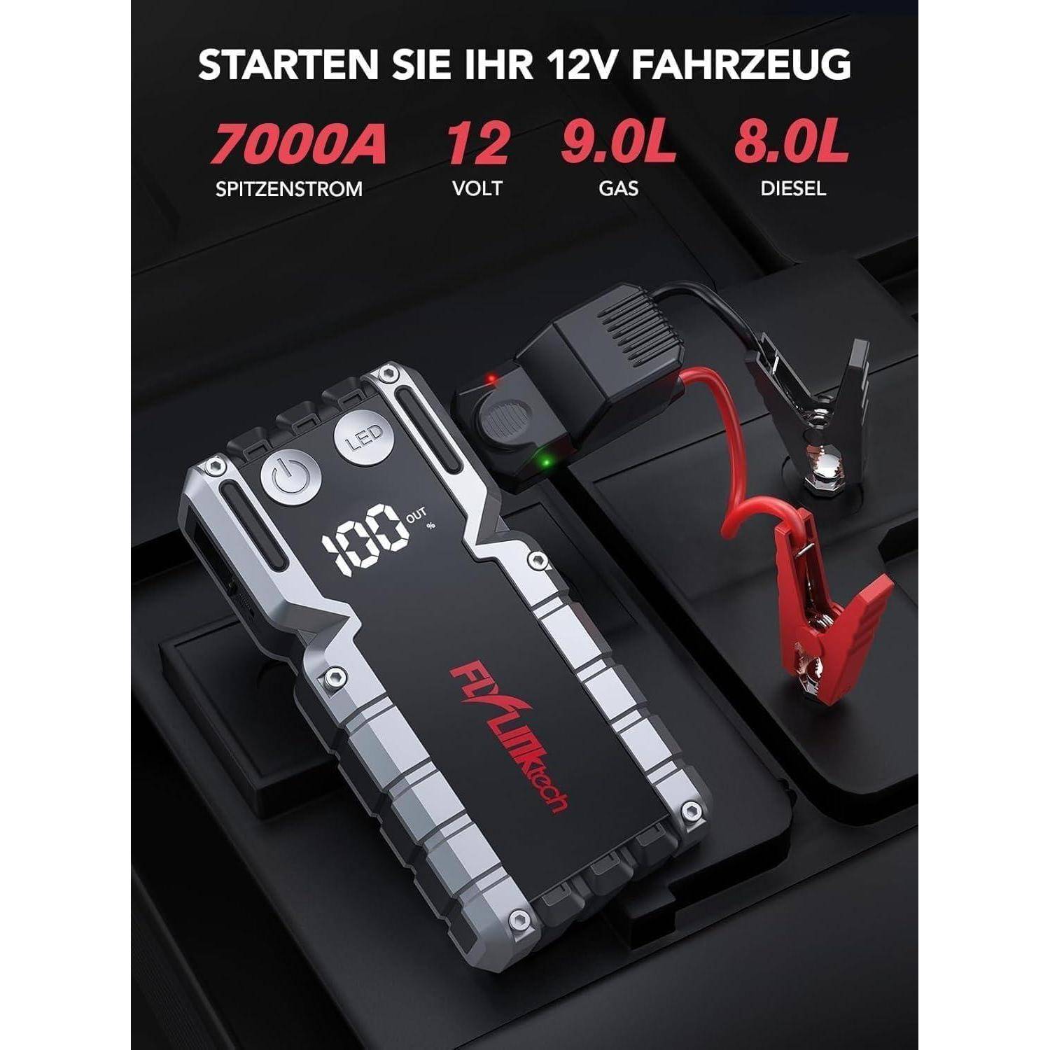 Werbegrafik für einen 12V-Starthilfegerät mit „7000A