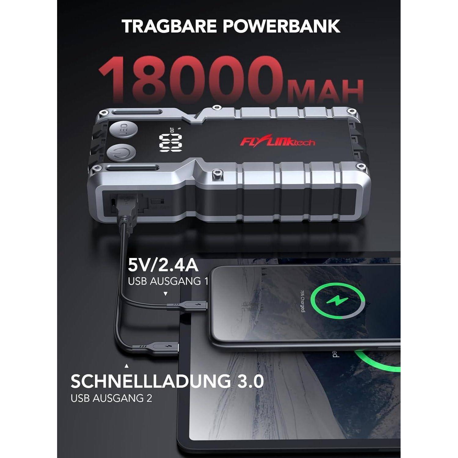 FLYLINKTECH Auto Starthilfe Powerbank 7000A Spitzstrom mit LCD-Display (Für bis zu 9.0L Benzinmotor oder 8.0L Dieselmotoren), Starthilfegerät LED-Ta