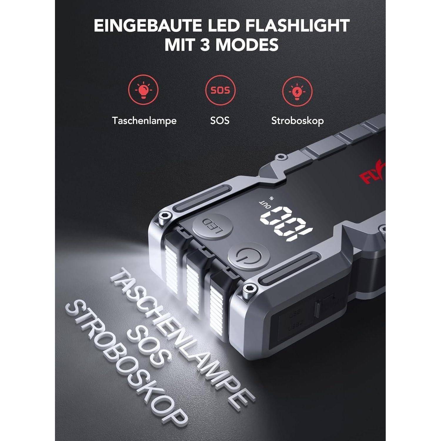 FLYLINKTECH Auto Starthilfe Powerbank 7000A Spitzstrom mit LCD-Display (Für bis zu 9.0L Benzinmotor oder 8.0L Dieselmotoren), Starthilfegerät LED-Ta