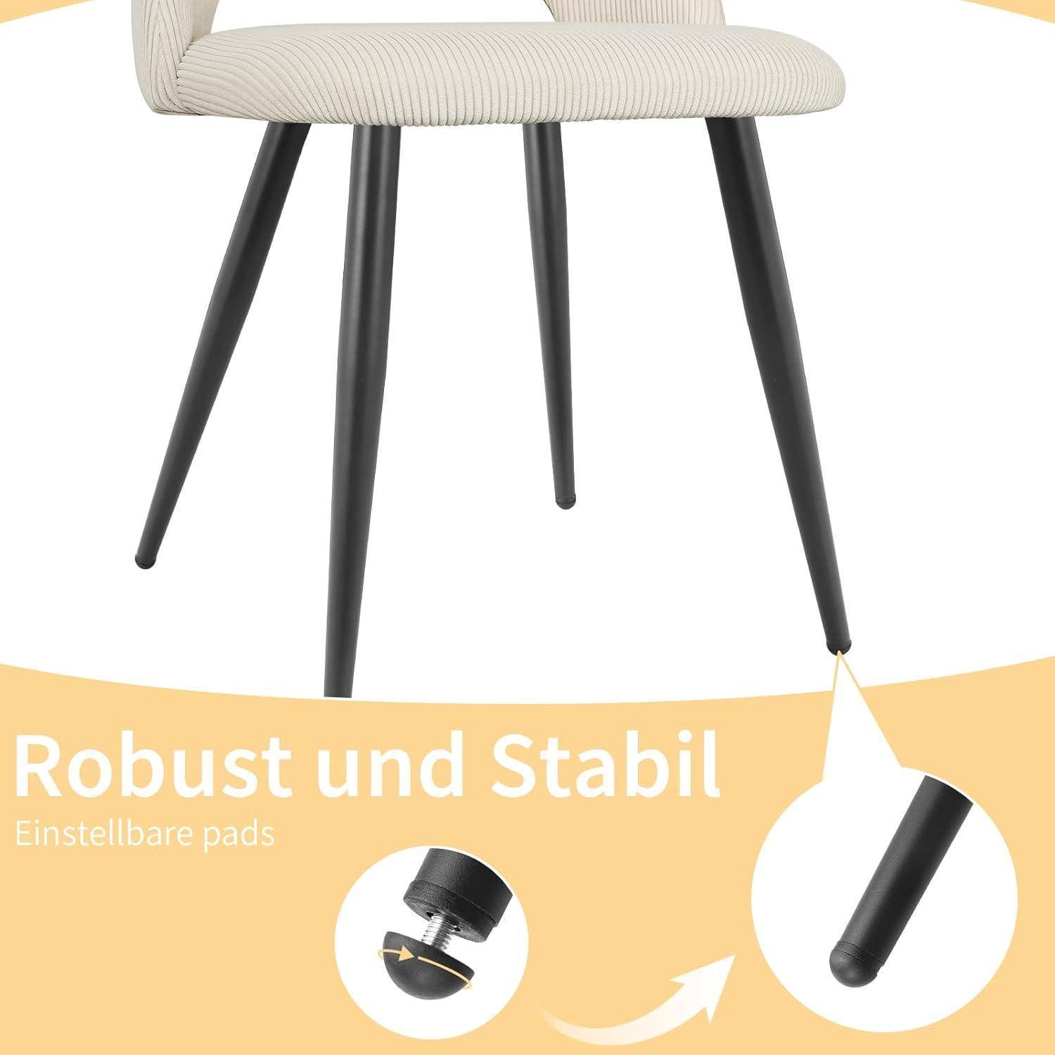 Beworbenes Bild eines beigefarbenen gepolsterten Stuhls mit schwarzen schrägen Beinen, beschriftet mit „Robust und Stabil