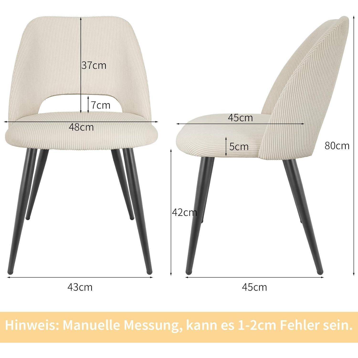 Diagramm eines beigen gepolsterten Stuhls mit schwarzen Beinen, beschriftet mit Maßangaben: 80 cm Höhe, 48 cm Breite, 45 cm Tiefe, Sitzhöhe 42 cm und Rückenlehnen-Ausschnitt 17 cm.