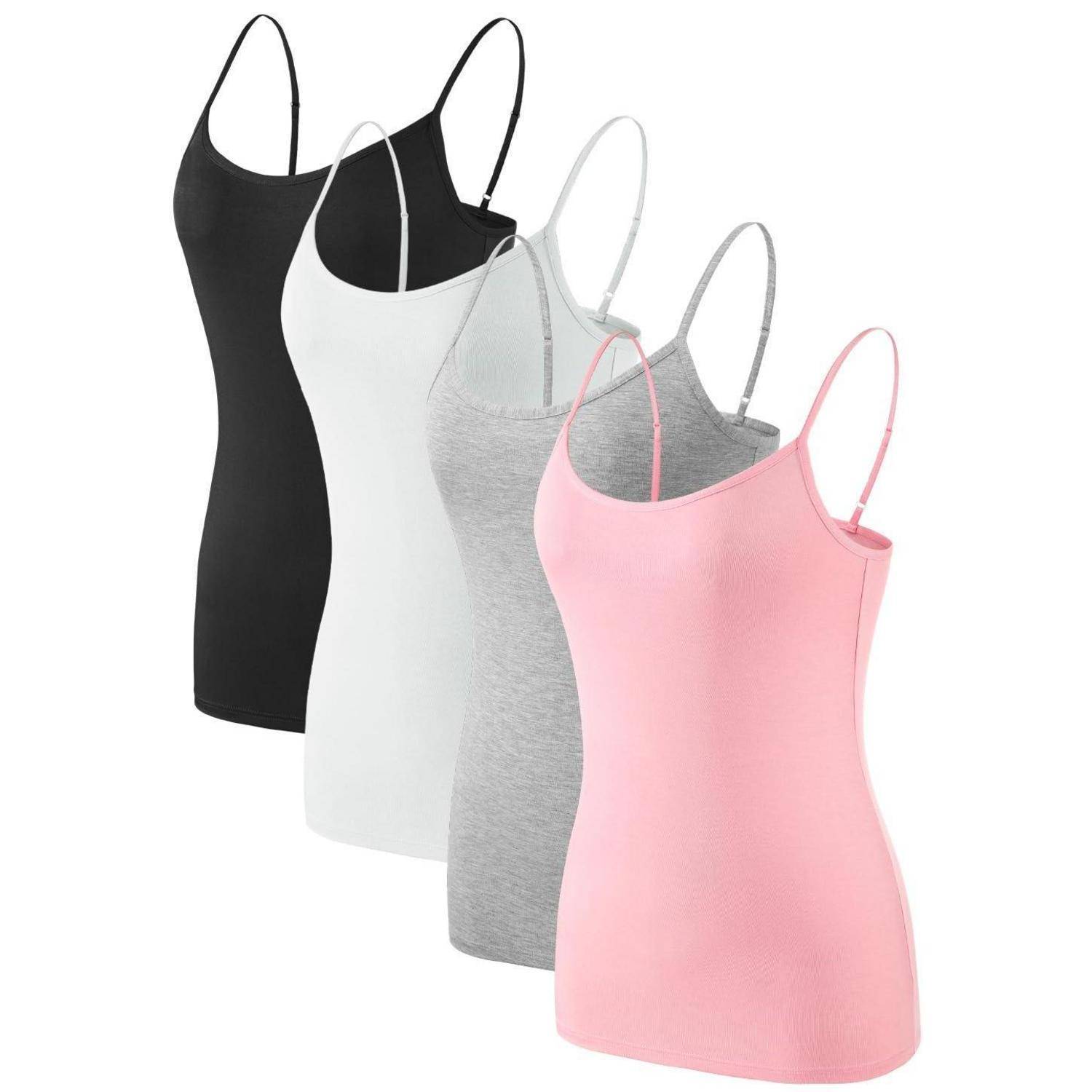 Damen Unterhemden Verstellbar Spaghettiträger Tank Top Basic Camisole Ultra Soft Schichtung Top 4er Pack XL Schwarz/Grau/Weiß/Rosa