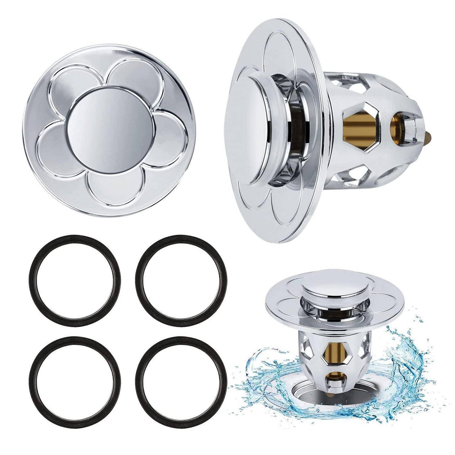Chrome-Abfluss-Ventil mit vier schwarzen Gummi-O-Ringen, dargestellt in Front- und Seitenansicht, mit Wasserdichtung in einem Spülbecken-Abfluss.