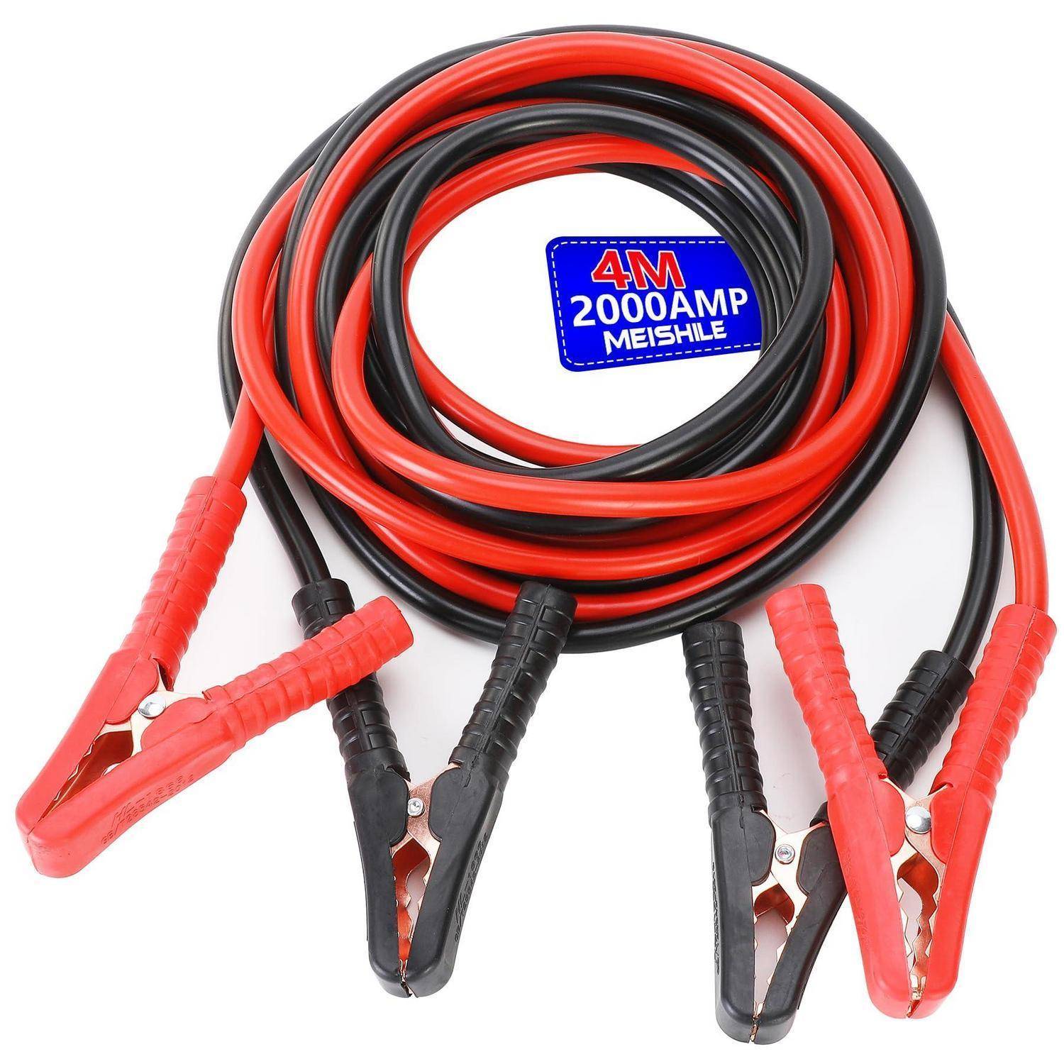 Aufgerollte rote und schwarze 4M Überbrückungskabel mit vier Krokodilklemmen, gekennzeichnet mit '200AMP'.