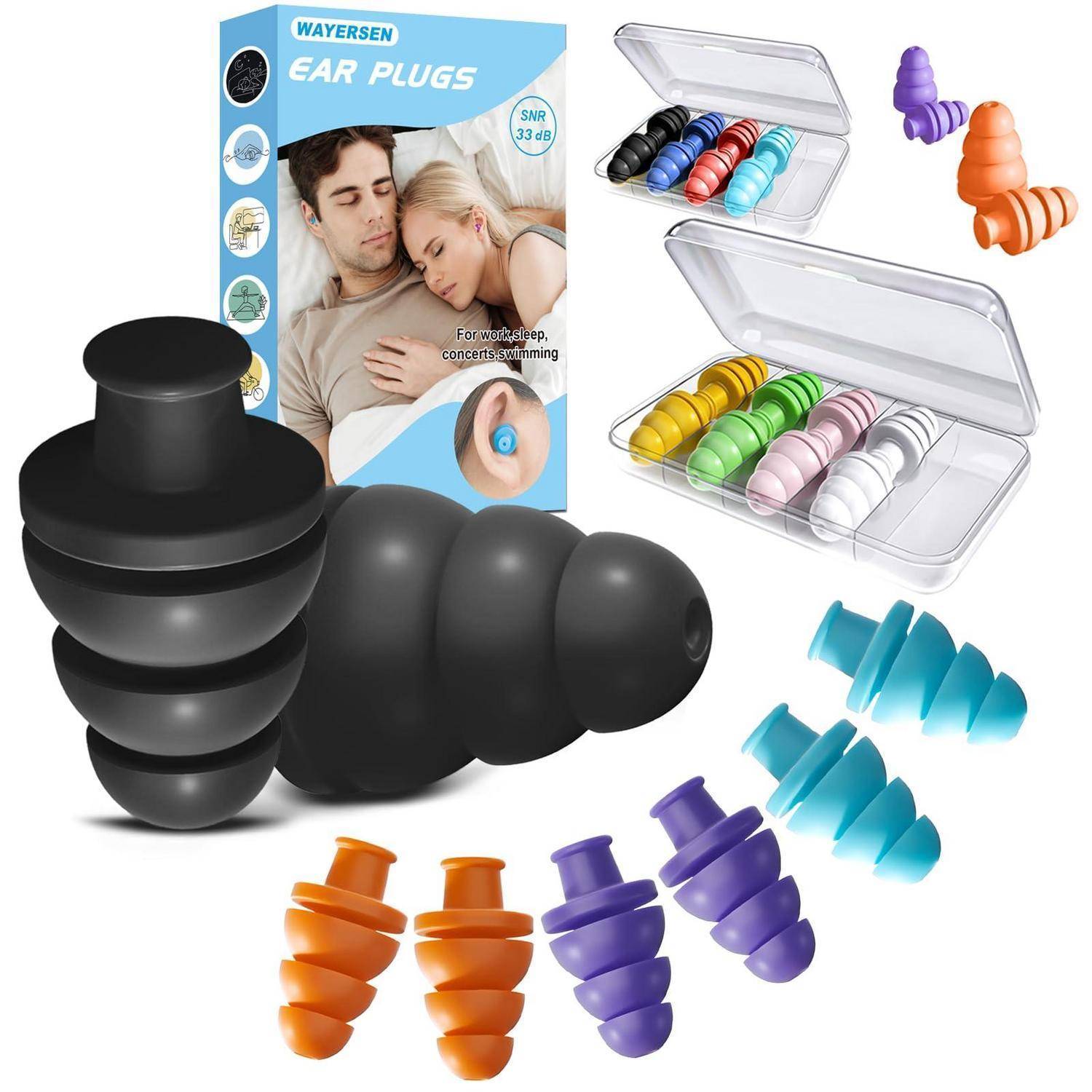 Produktbild von wiederverwendbaren Ohrstöpseln in Schwarz, farbenfrohen Paaren und durchsichtigen Aufbewahrungsfällen, mit Verpackung mit der Aufschrift „EAR PLUGS