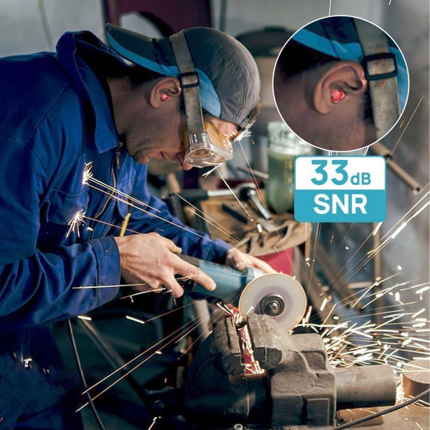 Arbeiter, der einen Winkelschleifer benutzt, Funken fliegen, mit vergrößertem Ohrstöpsel und Beschriftung 