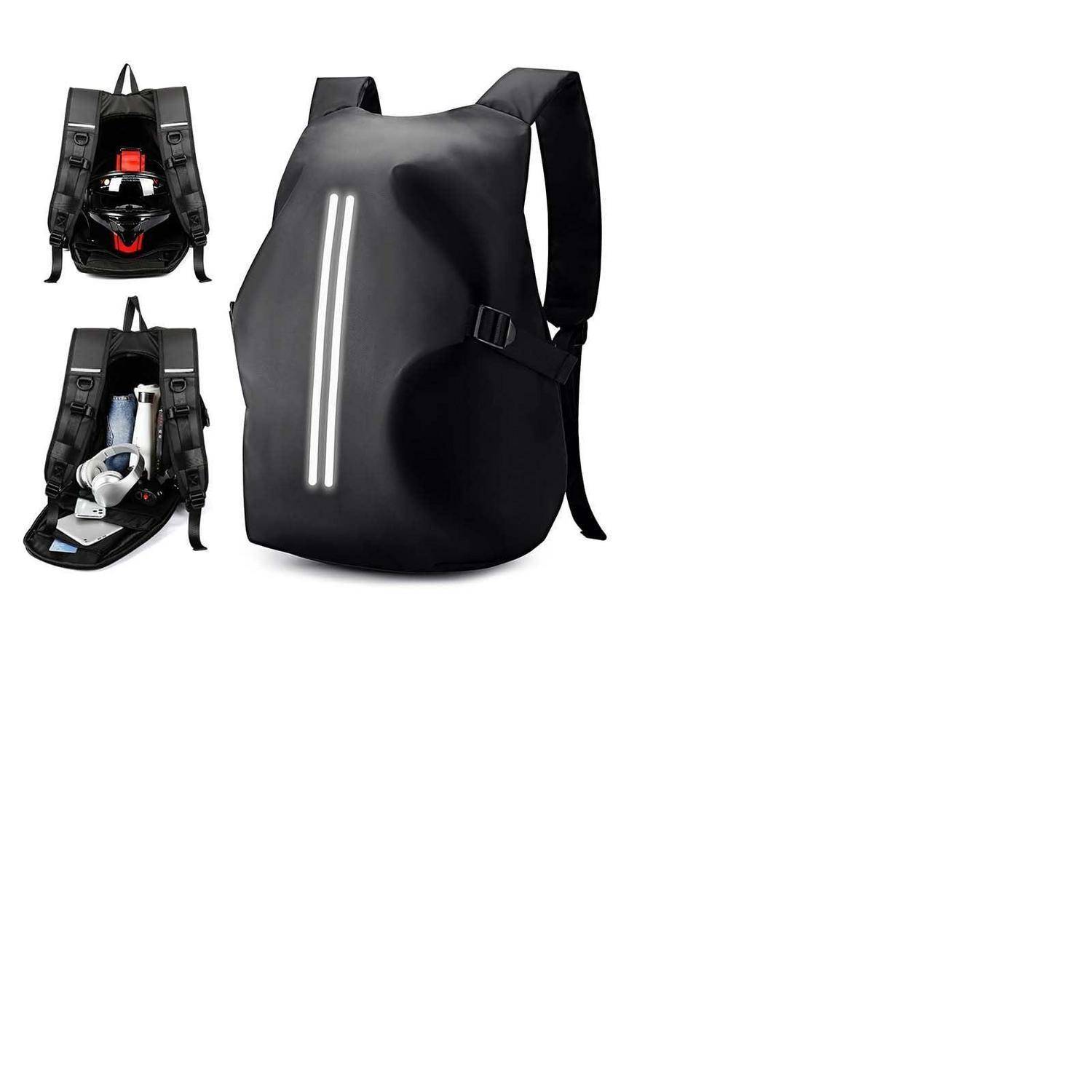 Schwarzer Rucksack mit reflektierenden vertikalen Streifen, gezeigt mit offenen Fächern, die einen Helm und Schuhe halten, um die Lagerung zu veranschaulichen.