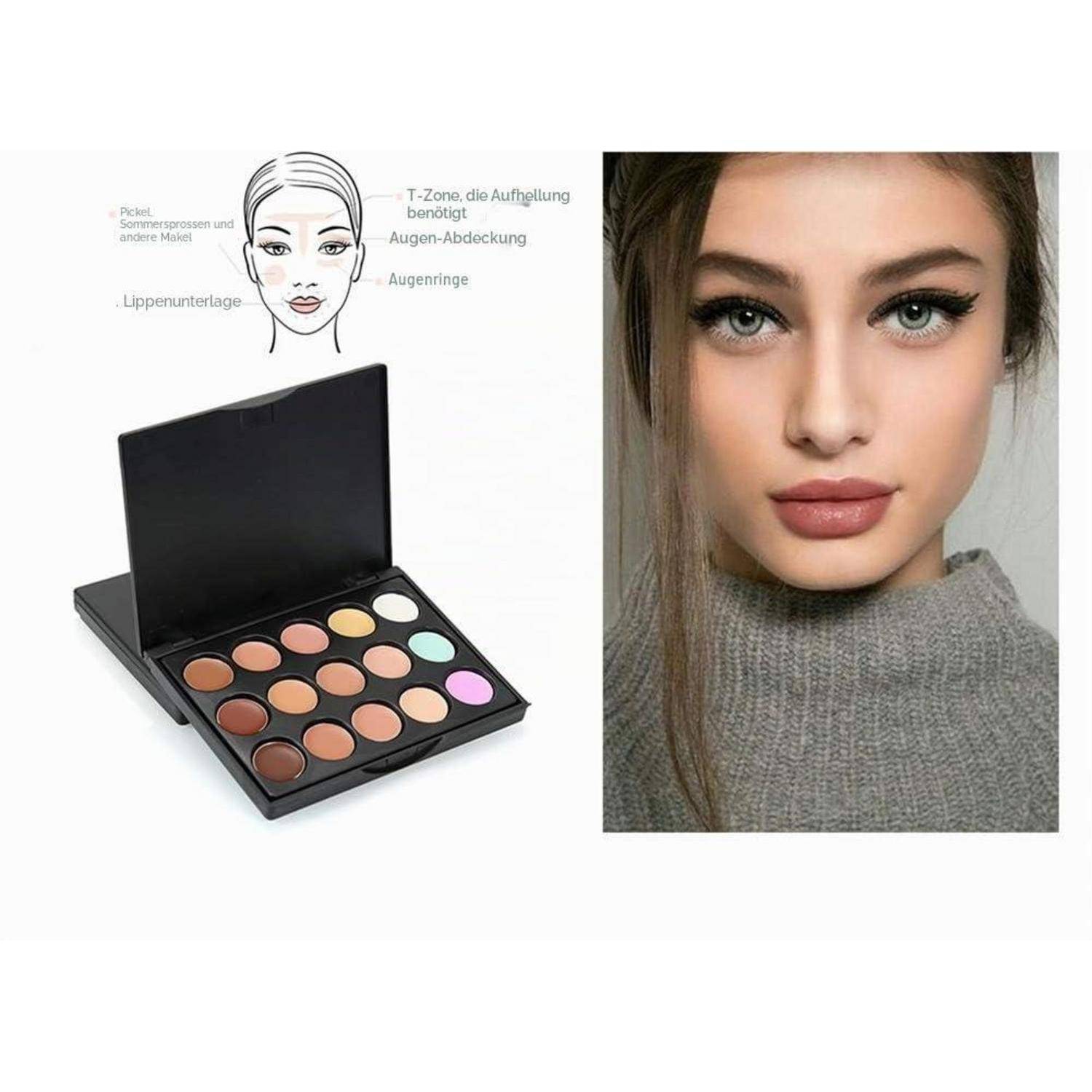 Makeup-Gesichtskarte und offene Concealer-Palette neben einem Frauenportrait, die zeigt, wo man Concealer bei Hautunreinheiten, unter den Augen und im Lippenbereich anwendet.