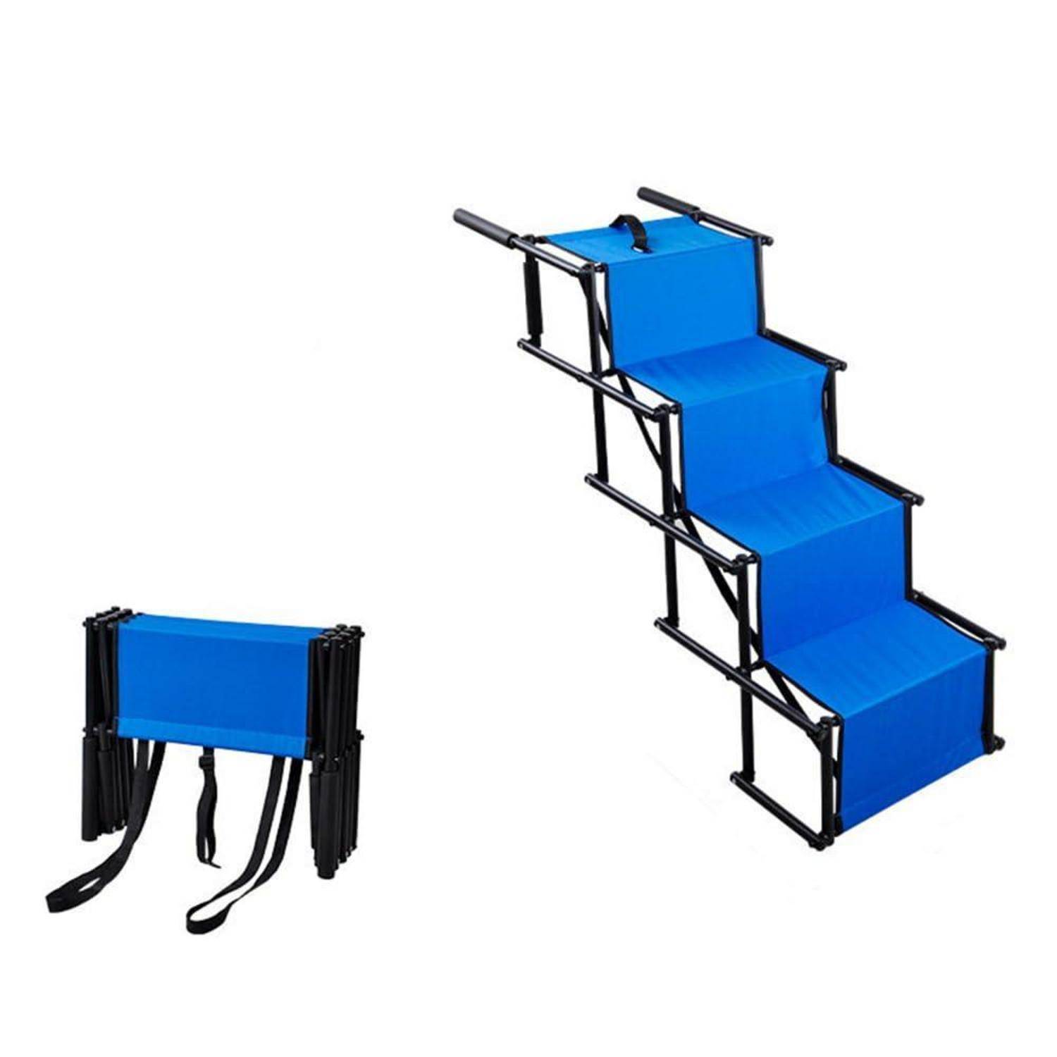 Blauer zusammenklappbarer Trittschemel oder Leiterstuhl, links zusammengeklappt und rechts ausgeklappt auf weißem Hintergrund dargestellt.