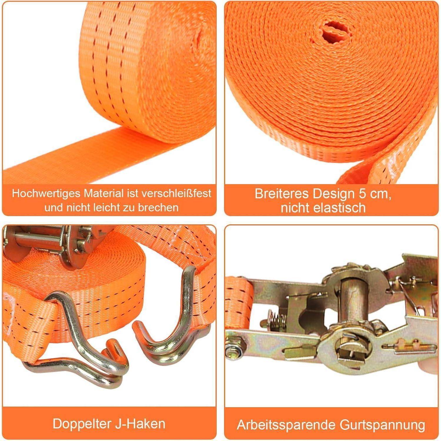 Vierteiliges Produktbild eines orangefarbenen Spannriemens mit breitem 5 cm nicht dehnbaren Gewebe, doppelten J-Haken und einer Spannschnalle mit deutschen Merkmalsbeschriftungen.