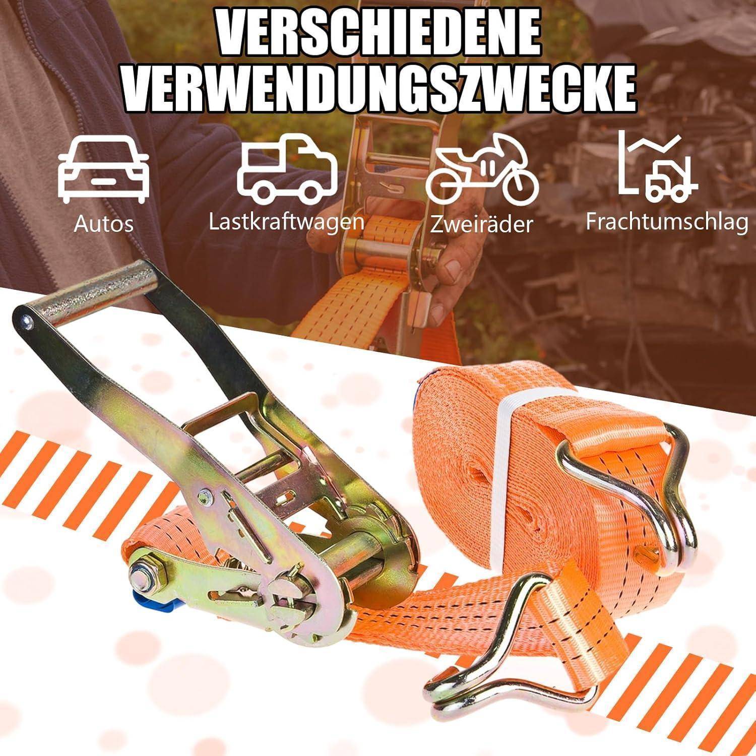 Ratschenbefestigungsriemen mit Metallschnalle, gezeigt in Gebrauch zum Sichern von Autos, Lastkraftwagen, Motorrädern und Frachten.