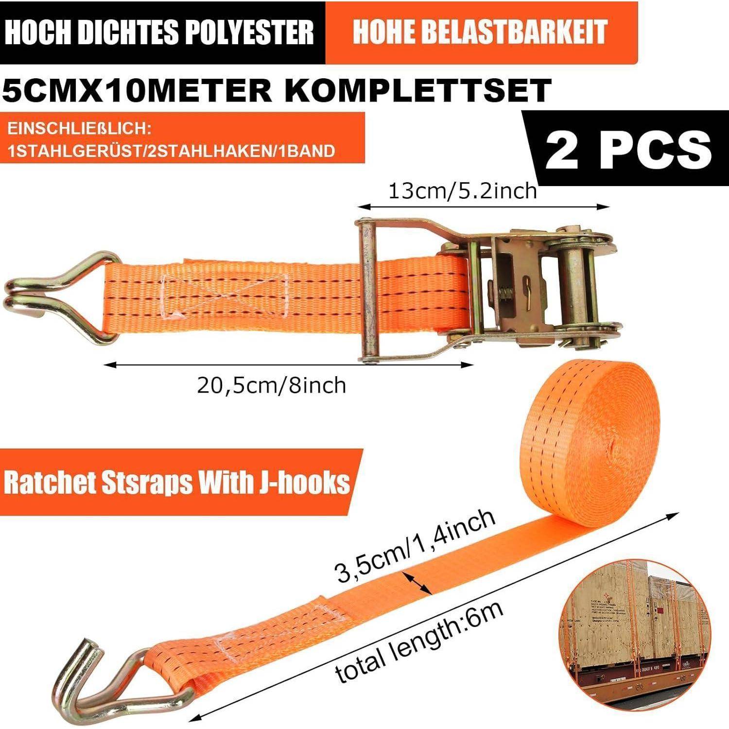 Produktbild von orangefarbenen Spannratschengurten mit J-Haken, gekennzeichnet als 2er-Set, 5 cm x 10 m Gesamtlänge, mit angezeigten Abmessungen für Schnalle und Haken.