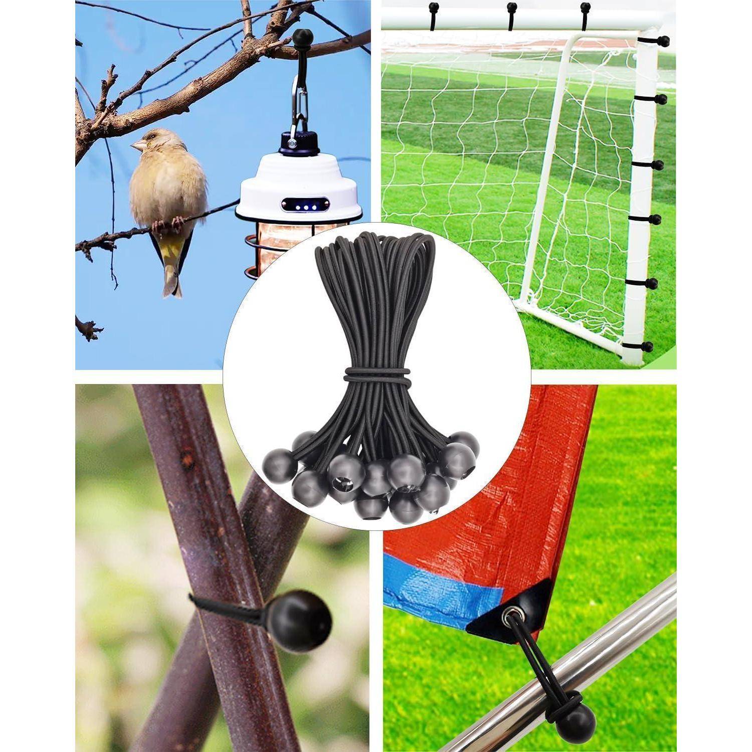 Schwarze elastische Bungee-Seile mit Kugelenden, die zum Sichern einer Laterne, eines Fußballnetzes, von Zeltstoff und Pfosten in mehreren Outdoor-Beispielen verwendet werden.