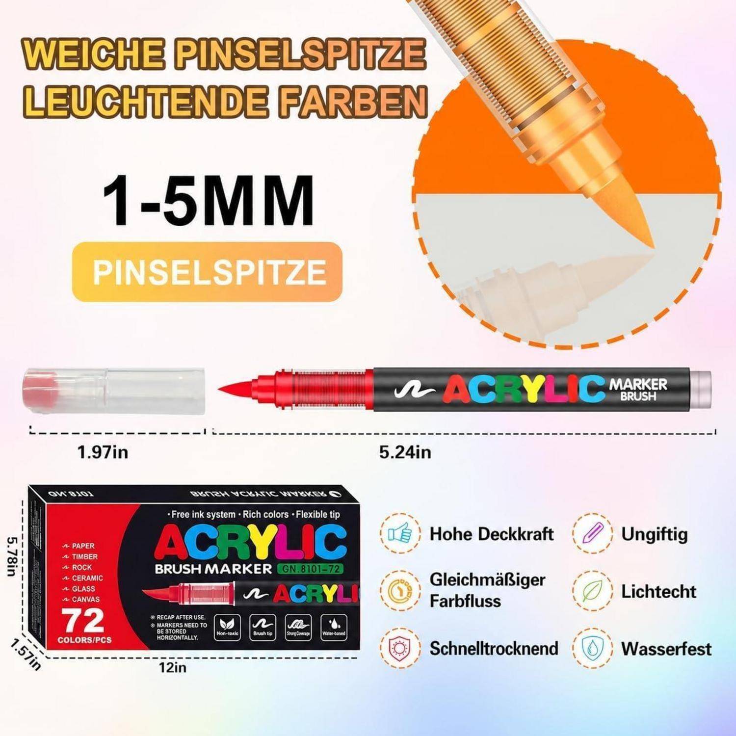 Werbegraik für einen Acrylpinsel-Marker mit einem 1-5 mm Pinseltip, farbenfrohem Marker-Design, Schachtel mit 72 Farben und Eigenschaften: Hohe Deckkraft, gleichmäßiger Farbfluss, schnelltrocknend, ungiftig, lichtechtheit, wasserfest.