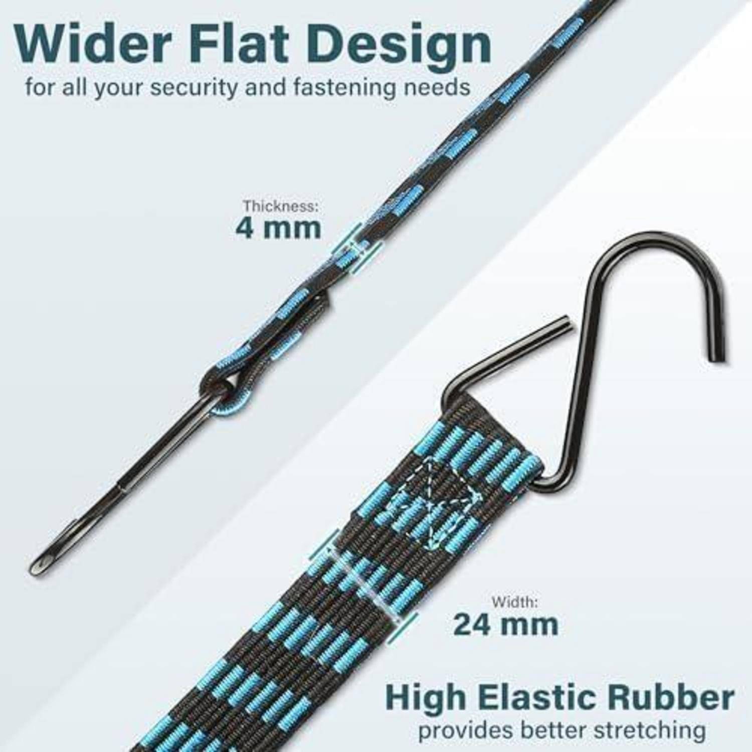 Produktanzeige für einen breiten flachen elastischen Sicherheitsgurt mit Metallhaken, gekennzeichnet mit „Dicke: 4 mm