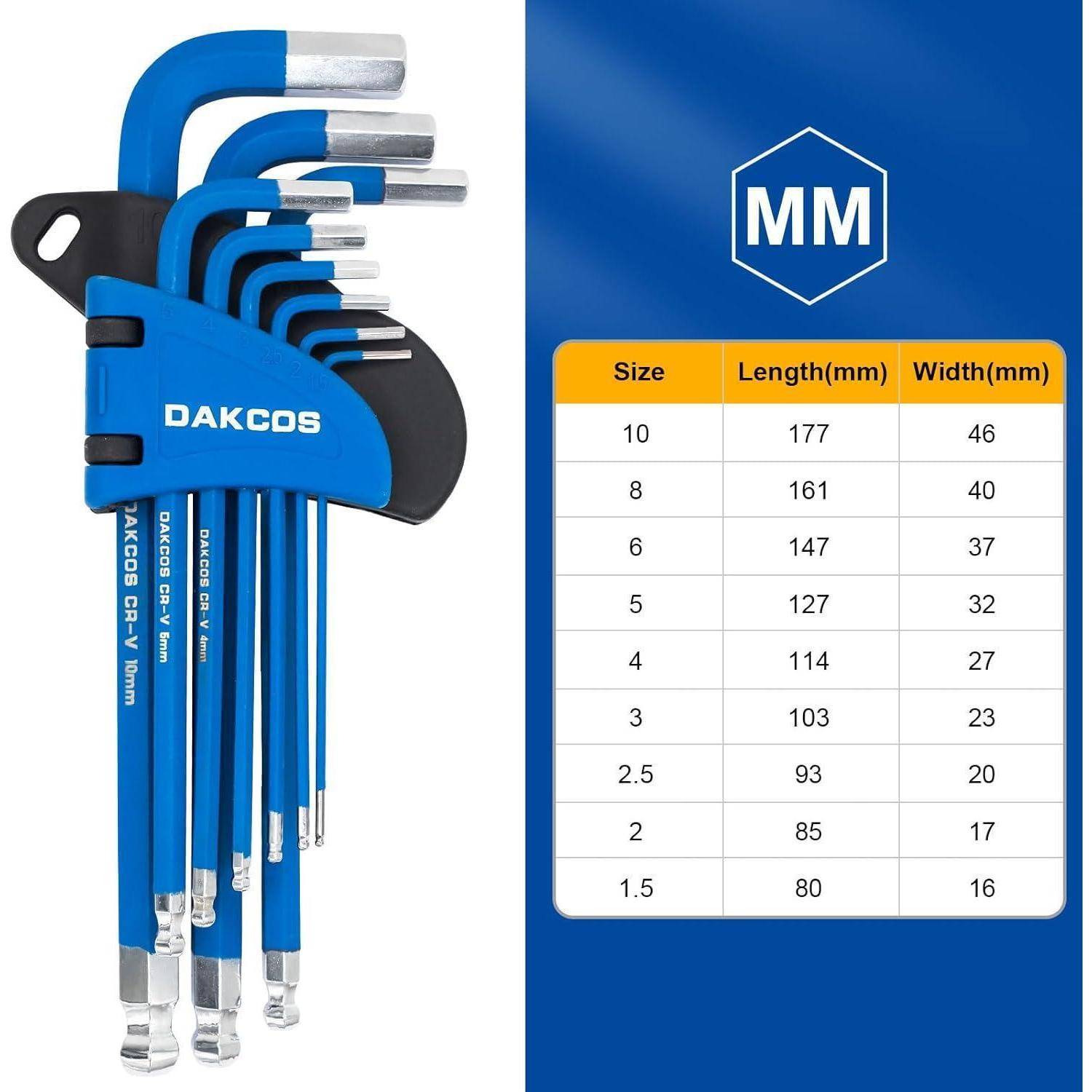 Blauer DACOS Innensechskantschlüssel-Satz mit Halter; Größentabelle in mm mit Größen von 1,5 bis 10 und entsprechenden Längen- und Breitenmessungen.