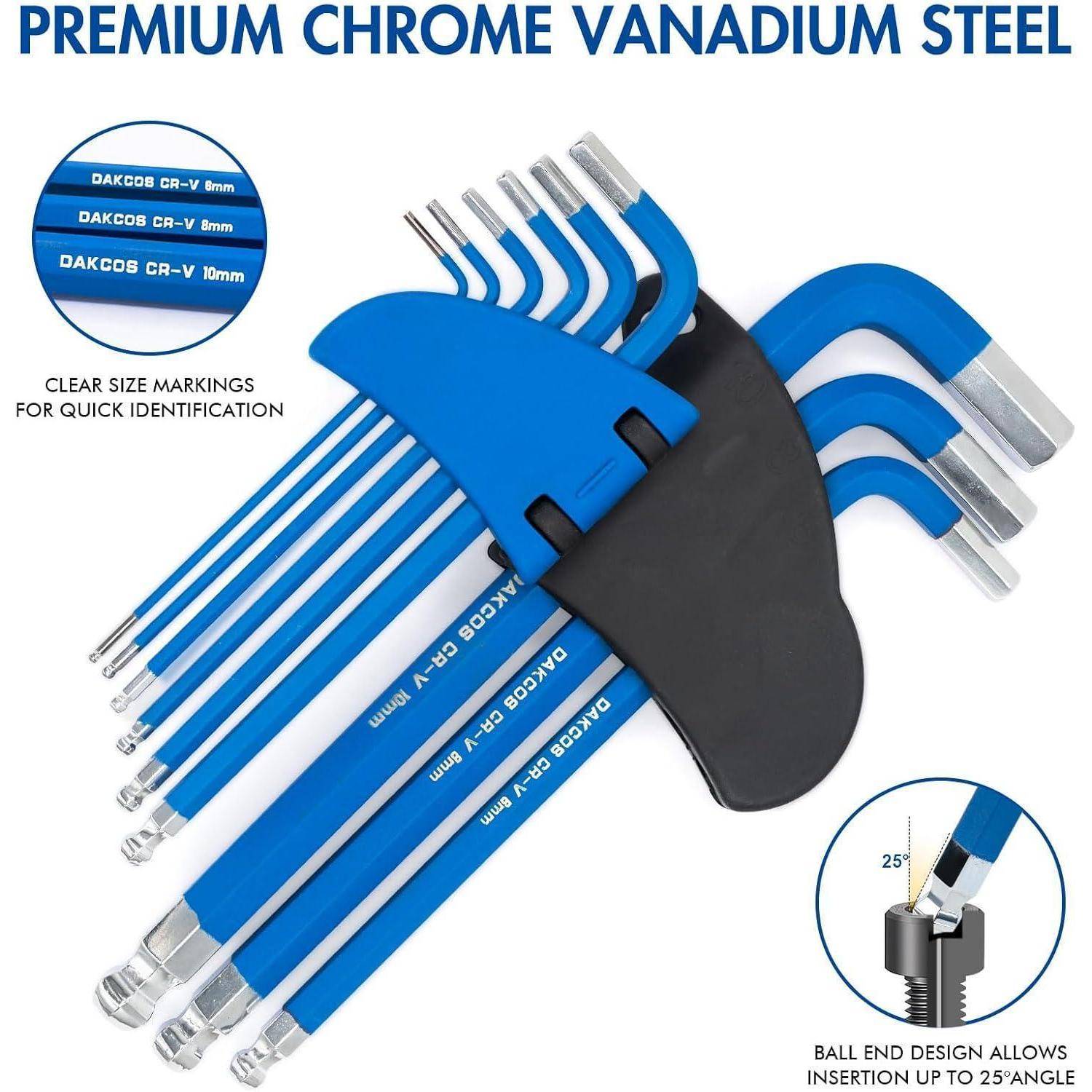Satz blauer Chrom-Vanadium-Stahl-Innensechskantschlüssel mit Halter, gezeigt mit Größenmarkierungen und Kugelkopfdesign für winkligen Zugriff.