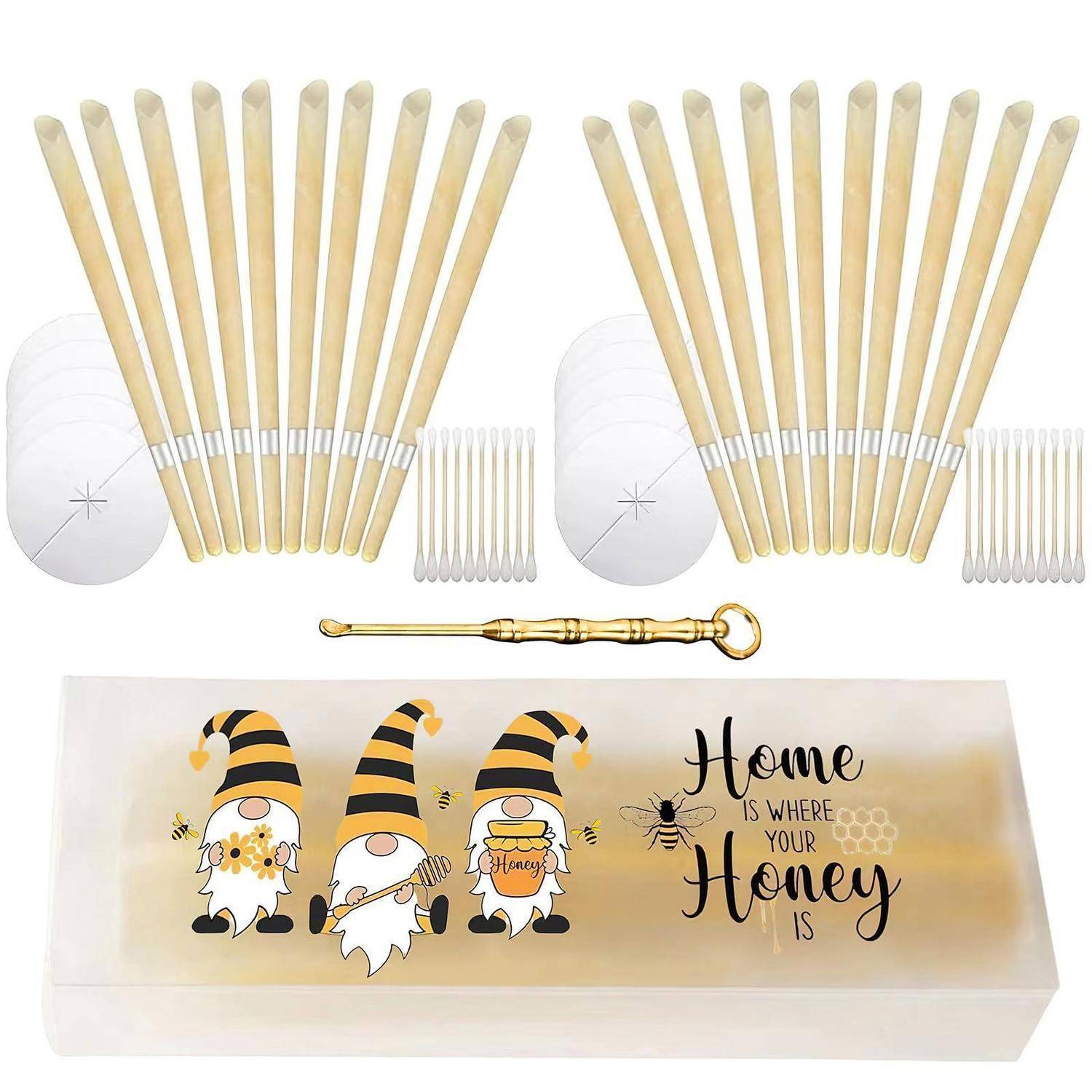 Bienen-Design-Siegelwachsset mit zwei Sets Holzstäbchen, weißen Siegelwachsscheiben, einem goldenen Löffel und einer Aufbewahrungsbox mit der Aufschrift „Home is where your Honey is