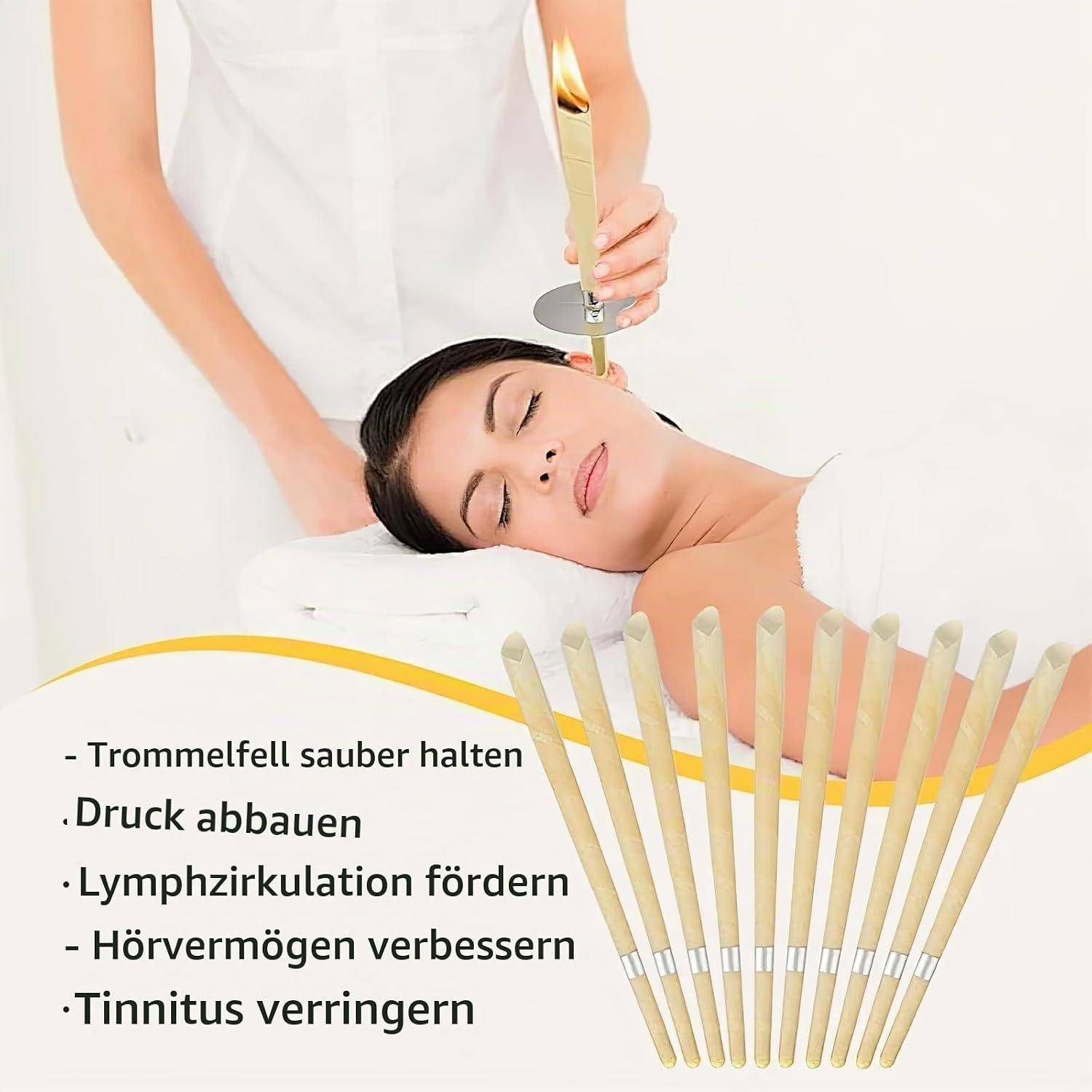Spa-Behandlung mit einer brennenden Ohrenkerze neben dem Ohr einer liegenden Frau; deutscher Text listet Vorteile auf: Trommelfell reinigen, Druck reduzieren, Lymphfluss verbessern, Gehör und Tinnitus verbessern.