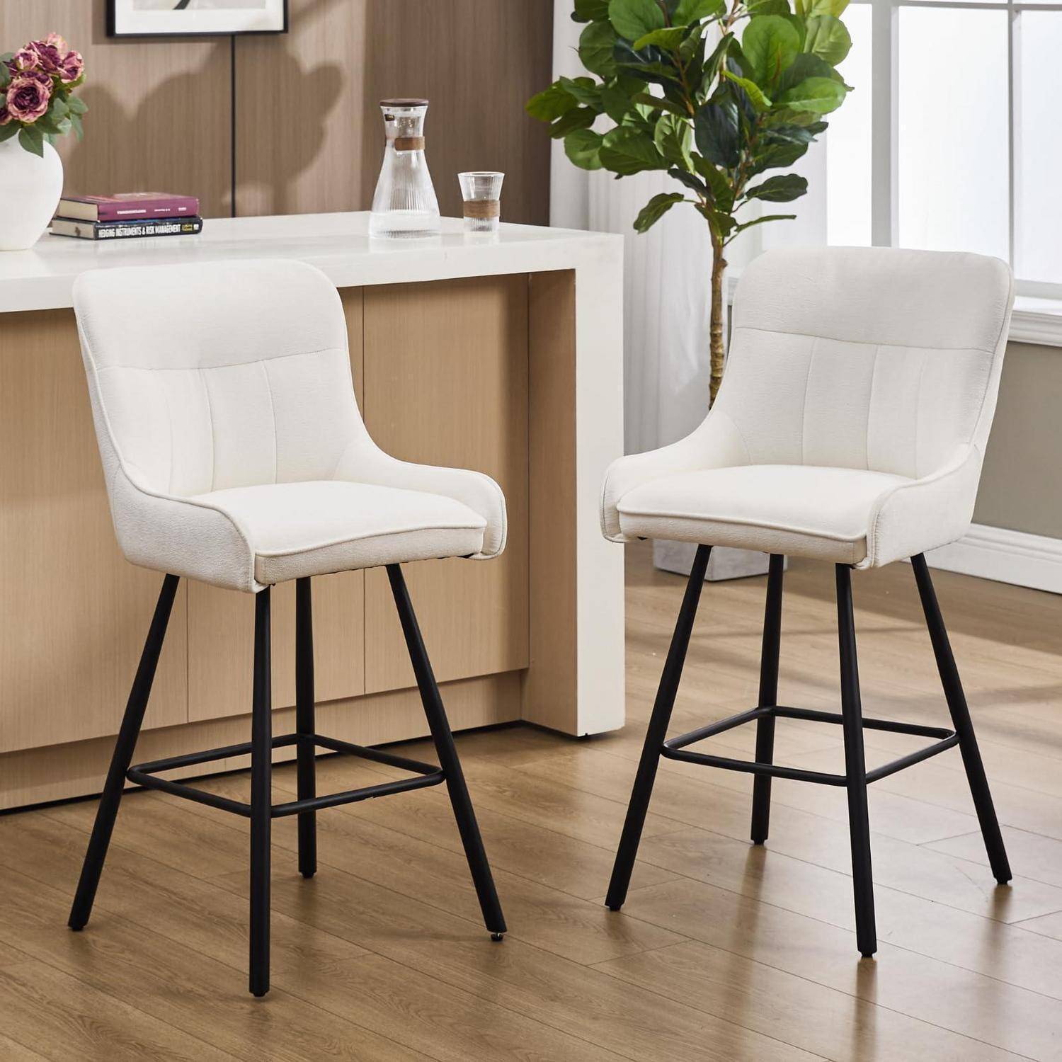 Barhocker 2er Set Barstuhl aus Chenille Tresenhocker mit Rückenlehne Fußstütze Modischer Bistrohocker mit Schwarzen Metallbeine für Küche, Bistro