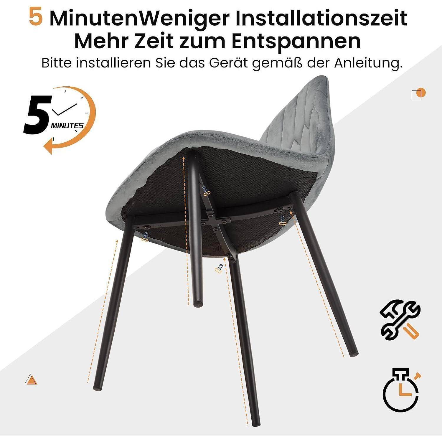 YOUDENOVA Esszimmerstühle 4er Set, Samt Polsterstühle, Grau Küchenstühle mit ergonomischer Rückenlehne, stabile Metallbeine, Esszimmerstühle fü