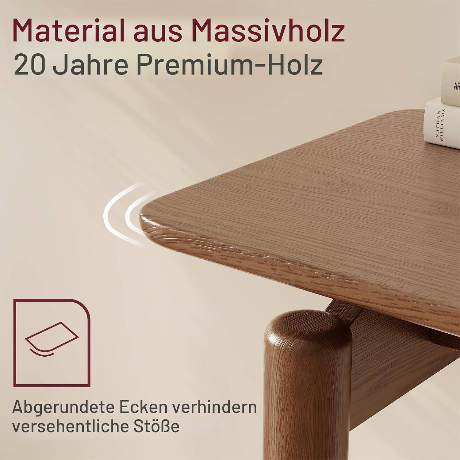 Anzeige mit einer massiven Holztischplatte mit abgerundeten Ecken; der Text besagt „Material aus Massivholz", „20 Jahre Premium-Holz"" und „Abgerundete Ecken verhindern versehentliche Stöße"".