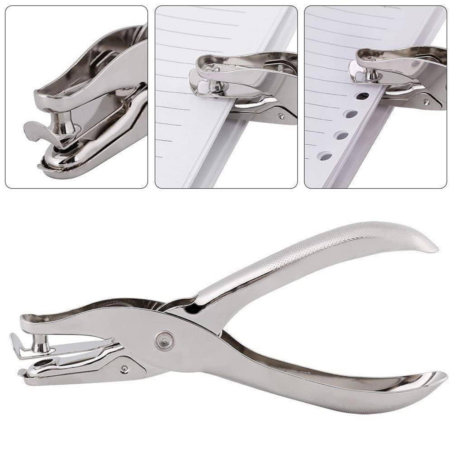 Lochstanze aus Silber im Tacker-Stil, dargestellt mit Nahaufnahmen des Stanzens von liniertem Papier und der Erstellung von Löchern.