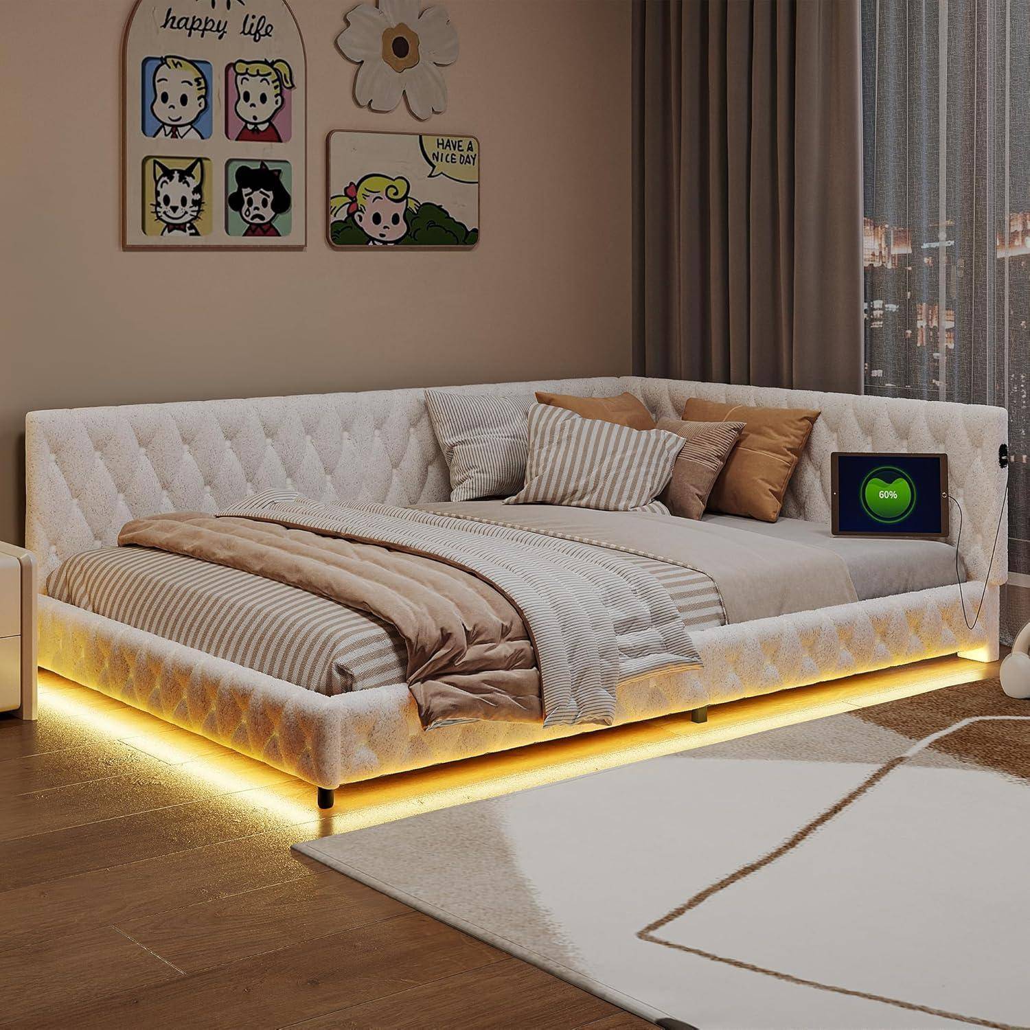 Schlafsofa für Doppelbett, 2-Sitzer, Gästebett Doppelsofa Multifunktionales Sofa, Betten mit LED-Lichtern, Betten mit Sofas,ohne Matratze (Beige +