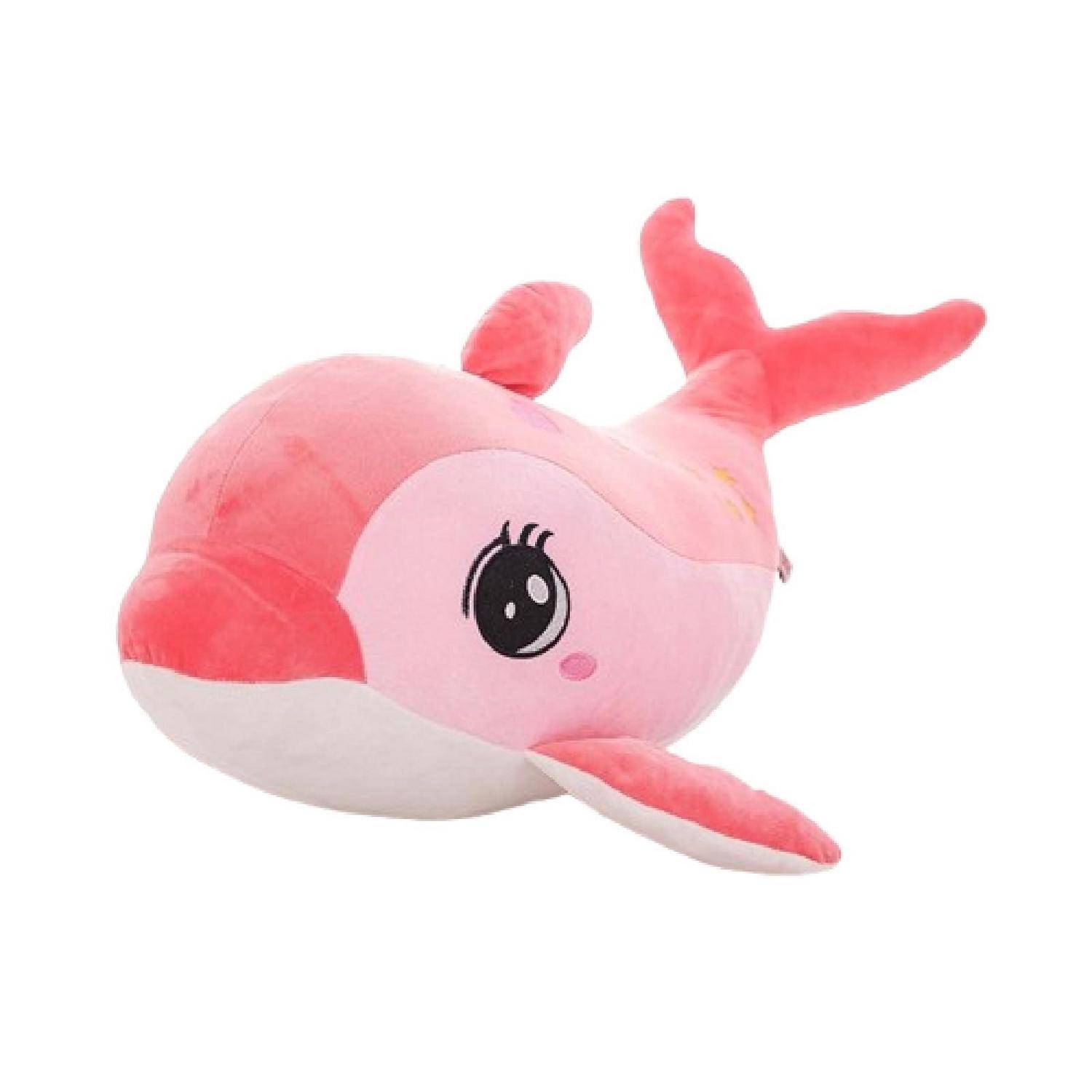 Rosa Plüsch-Walspielzeug mit Cartoon-Gesicht und Flossen auf weißem Hintergrund.