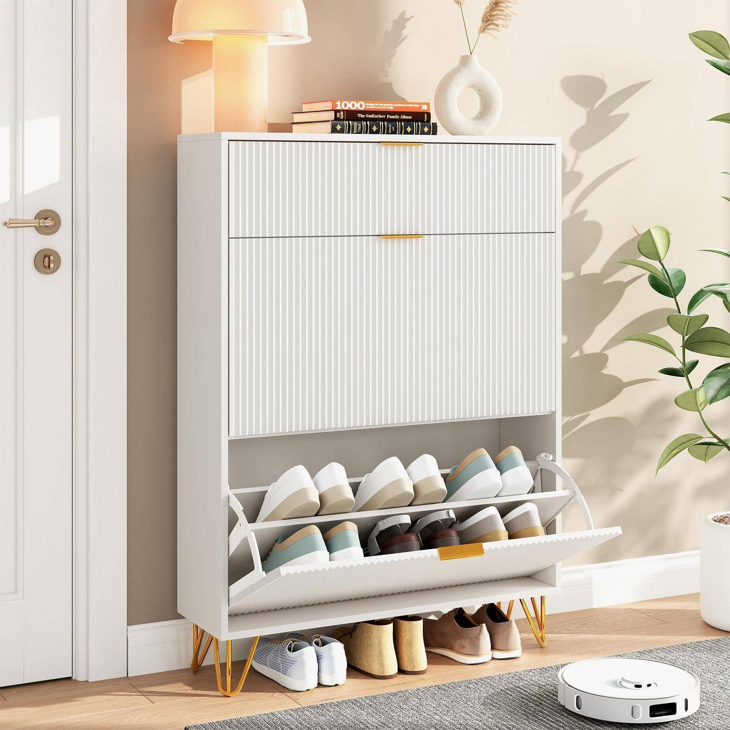 Schuhschrank, Schuhregal Schuhkipper Schmal, Schuhschrank Weiss Mit 2 Klappen, 1 Verstecktes Ablagen, Schuhablage Verstellbar, Schuhkommode Für