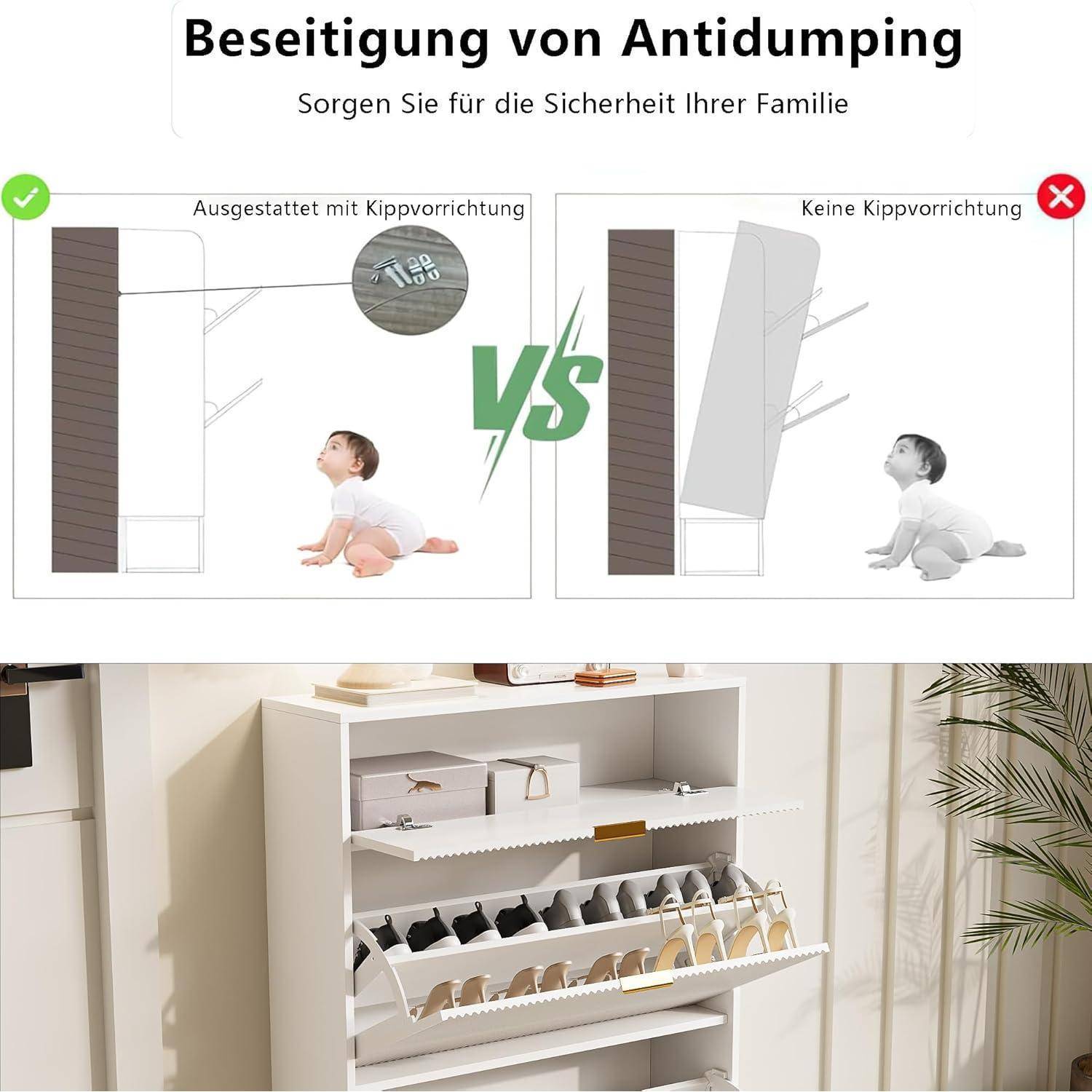 Schuhschrank, Schuhregal Schuhkipper Schmal, Schuhschrank Weiss Mit 2 Klappen, 1 Verstecktes Ablagen, Schuhablage Verstellbar, Schuhkommode Für