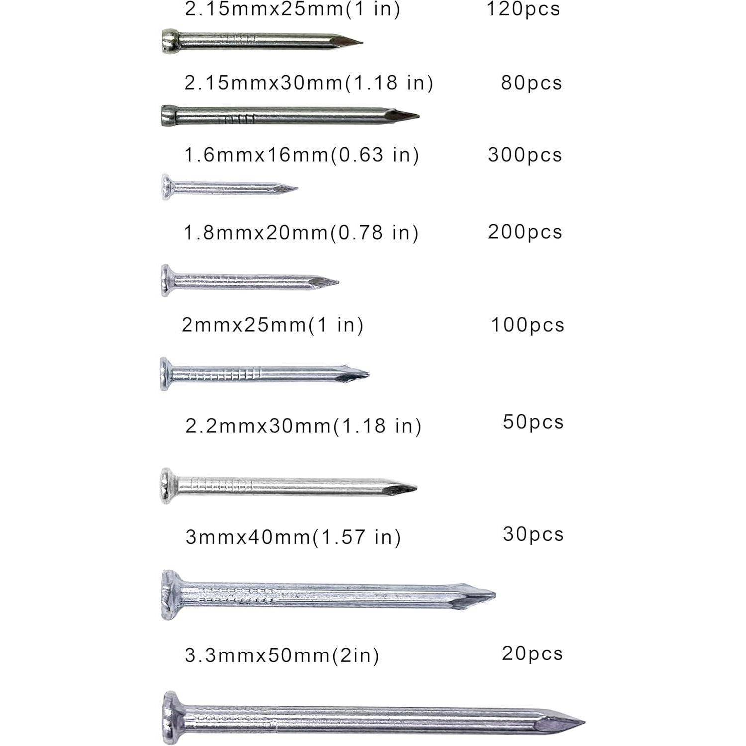 OMOTOOL stahlnägel Set (900 Stück), verzinkte Beton nägel zum Aufhängen von Bildern und Holzbearbeitung, Bildernägel Anzug für Trockenbau und Ki