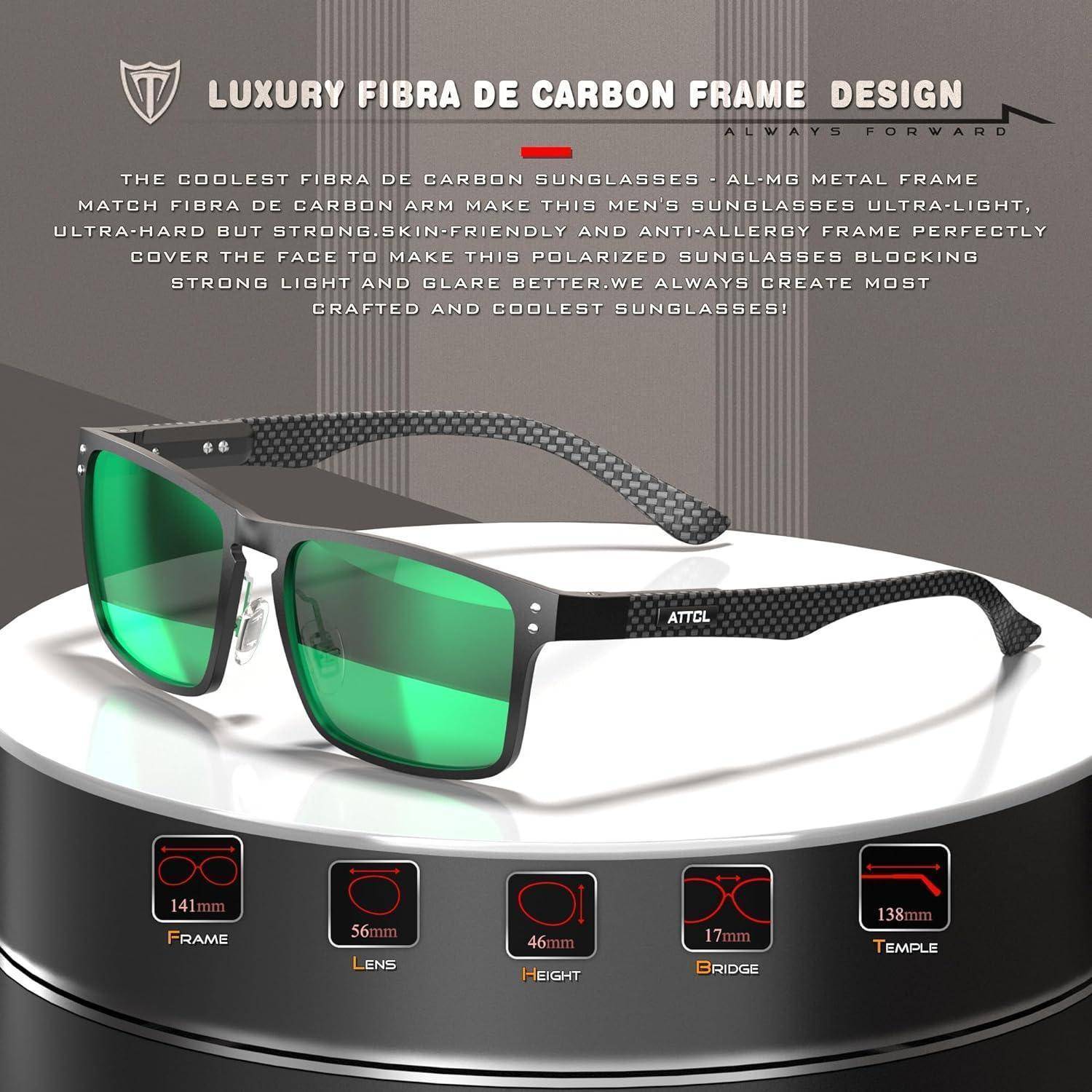 ATTCL Klassische Herren Polarisierte Sonnenbrille mit Rechteckig Metallrahmen und Karbonfaser Bügeln,UV400 Schutz 8999-schwarz/Grün Gespiegelt