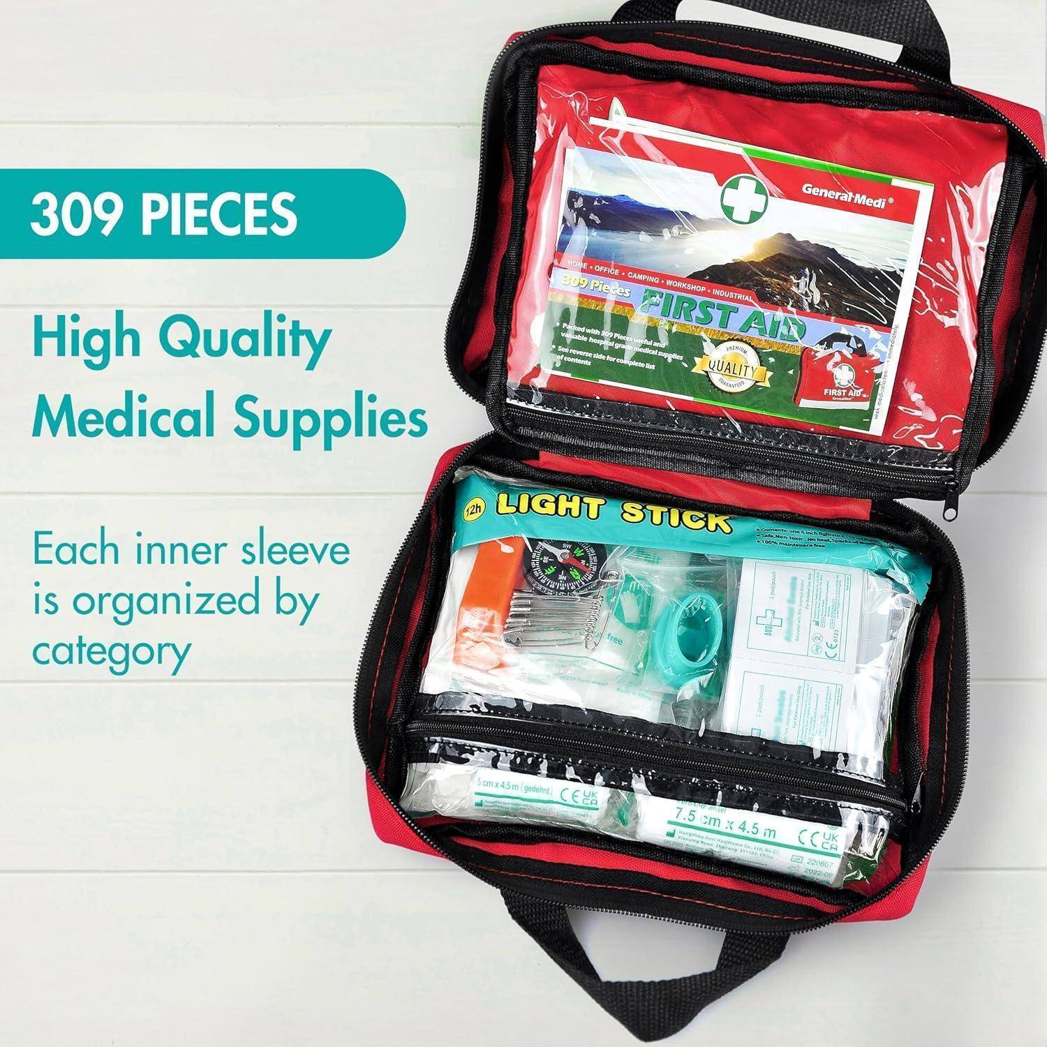 General Medi Erste Hilfe Set - 309-teiliges Premium Erste-Hilfe-Set für Haus, Auto, Reise, Büro, Sport, Wandern, Camping, Rettung (rot)